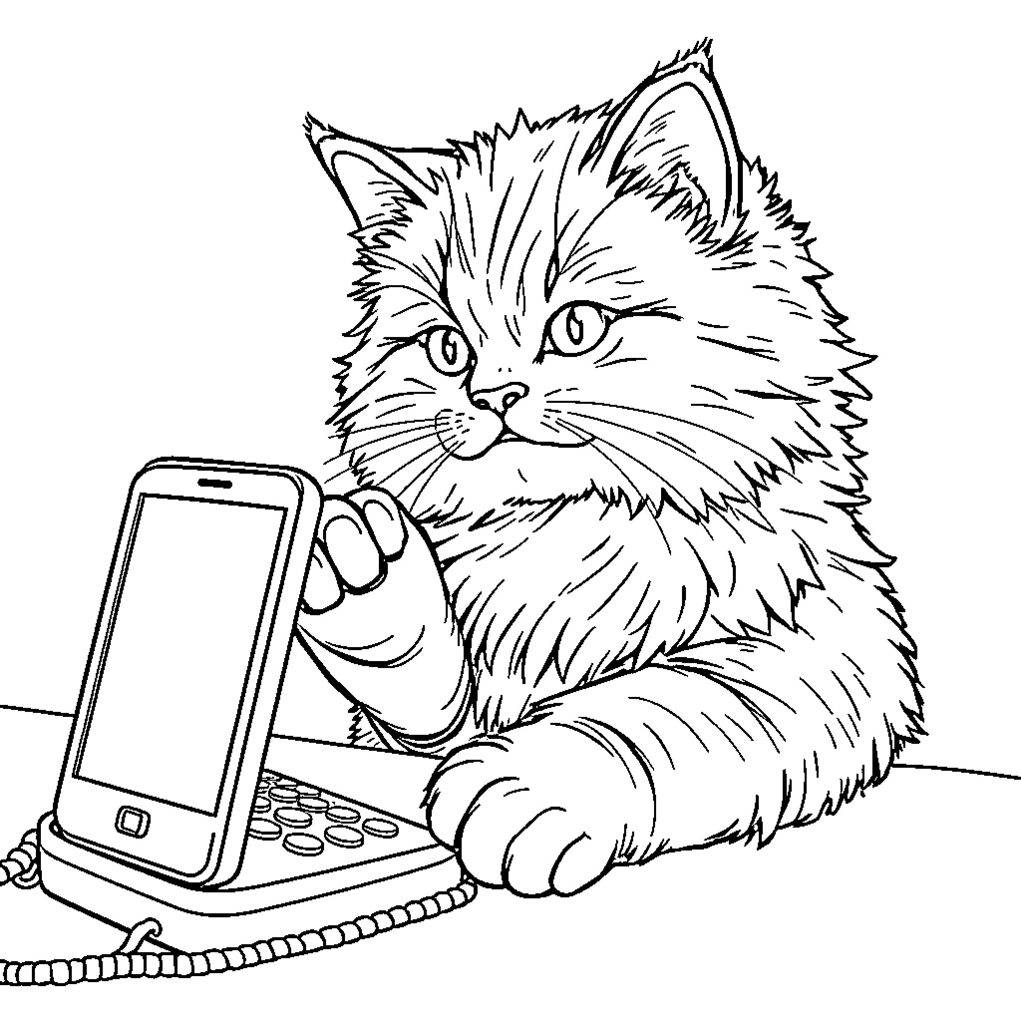 Cat using a smartphone Coloring Page (free black-and-white line drawing printable PDF for all, from beginners to advanced learners, including children, teens, adults, and seniors)