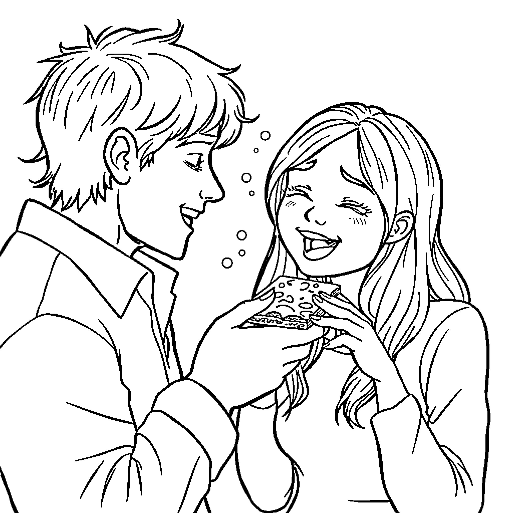 Girlfriend Enjoying Surprise from Boyfriend Coloring Page (free black-and-white line drawing printable PDF for all, from beginners to advanced learners, including children, teens, adults, and seniors)