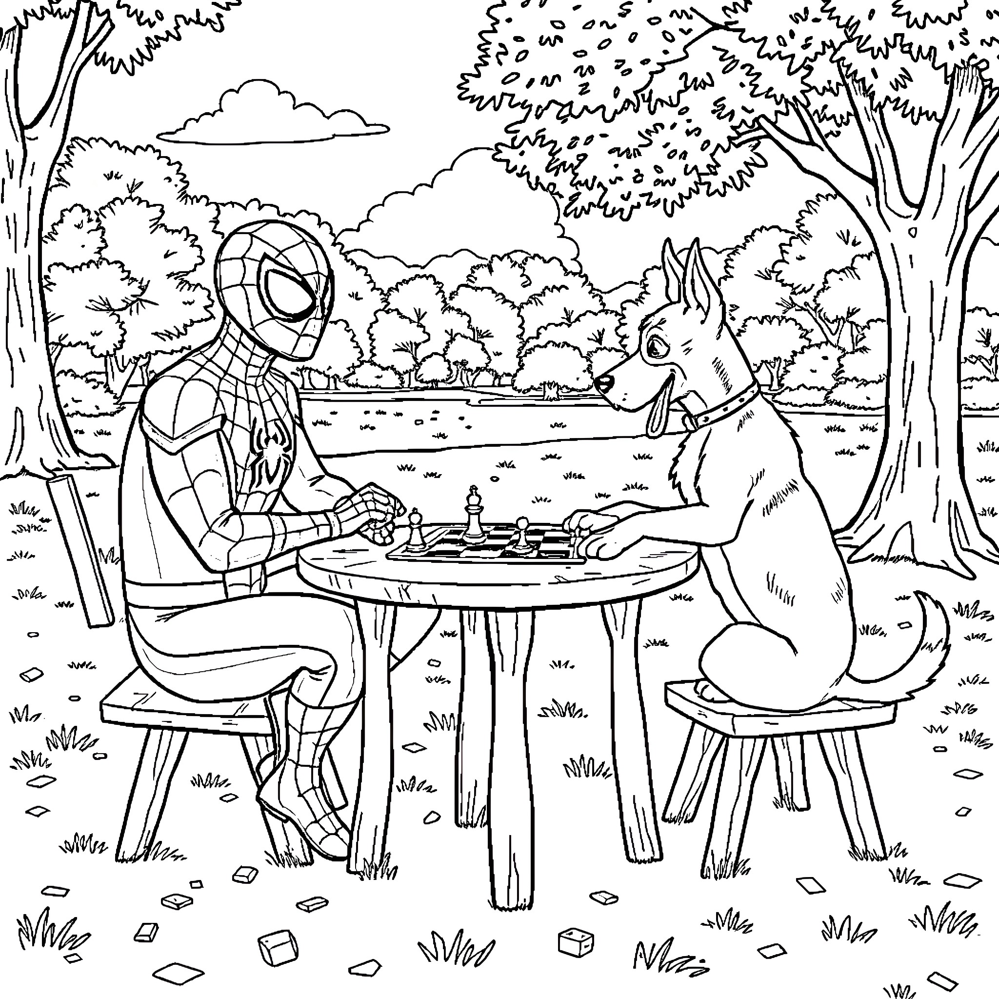 Spiderman enjoys a picnic with an animal friend in the forest Coloring Page (free black-and-white line drawing printable PDF for all, from beginners to advanced learners, including children, teens, adults, and seniors)