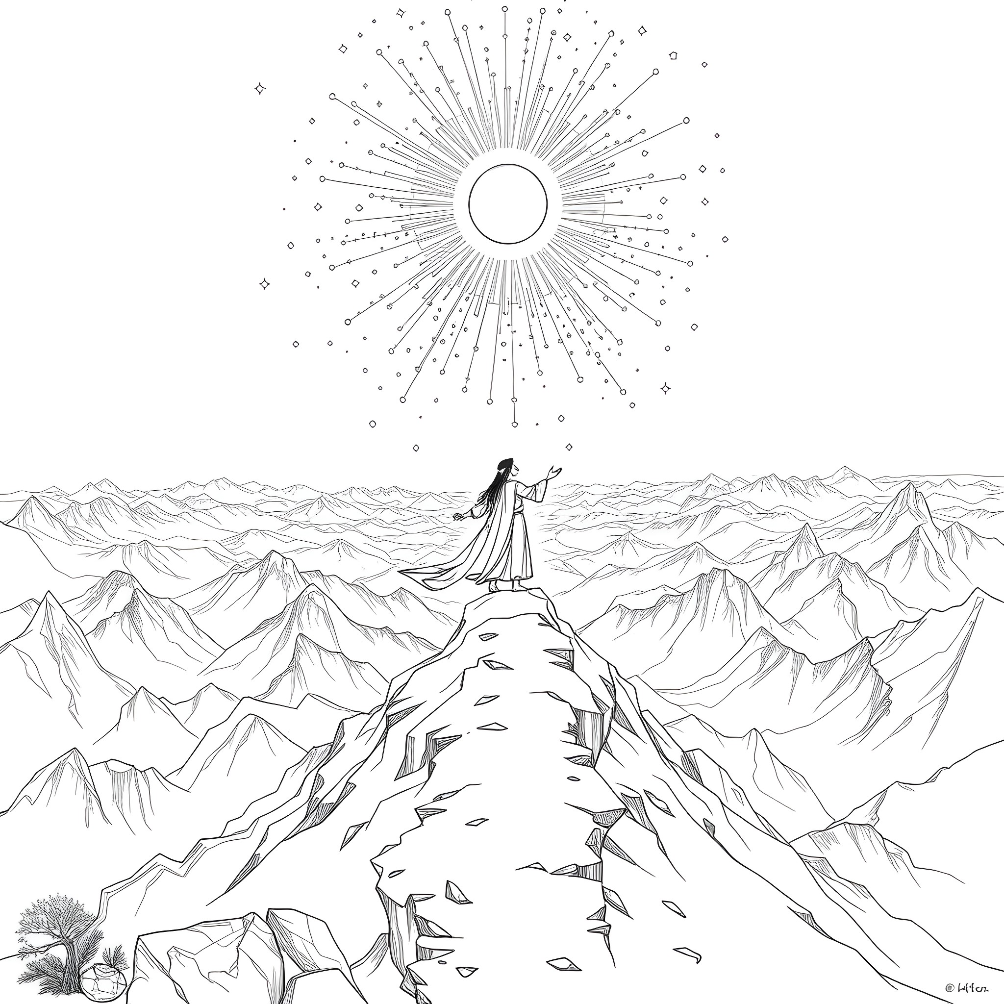 Great Spirit soaring over majestic mountain peaks Coloring Page (free black-and-white line drawing printable PDF for all, from beginners to advanced learners, including children, teens, adults, and seniors)
