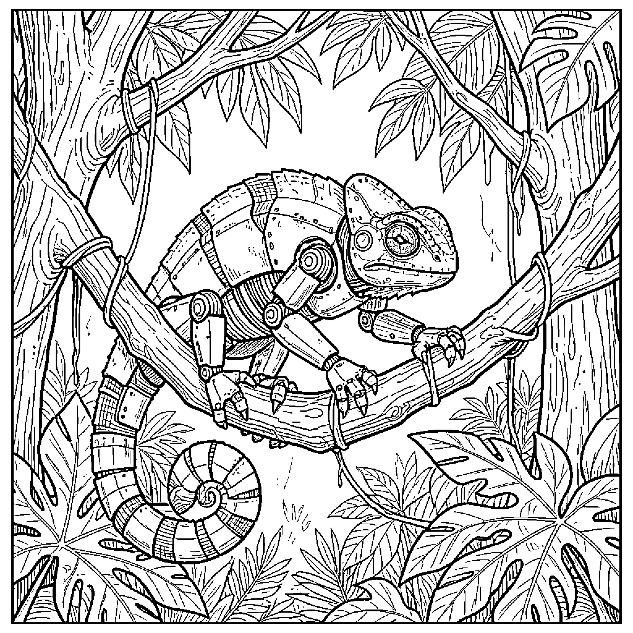 Robot chameleon climbing through a dense jungle Coloring Page (free black-and-white line drawing printable PDF for all, from beginners to advanced learners, including children, teens, adults, and seniors)