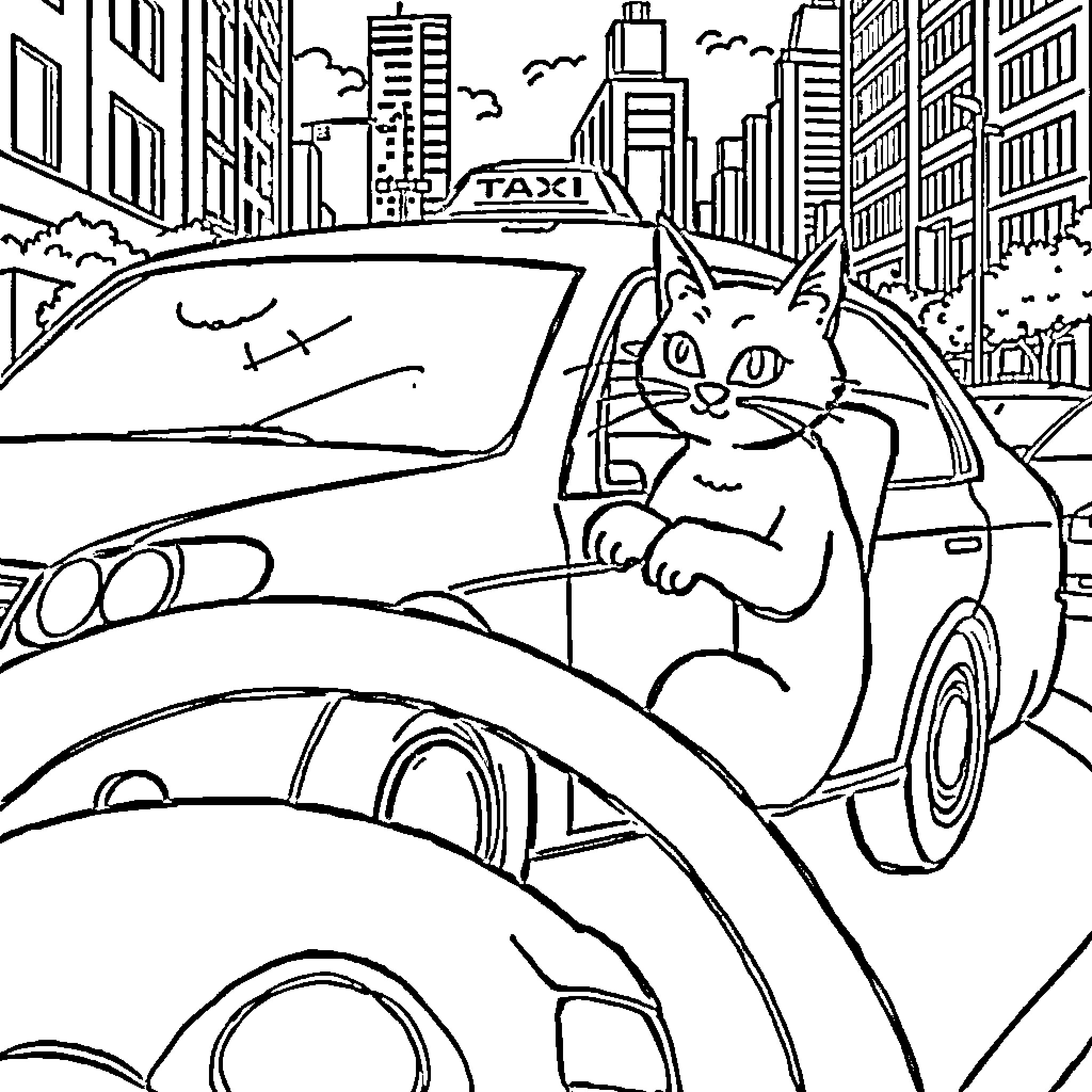 Cat driving a taxi in the city Coloring Page (free black-and-white line drawing printable PDF for all, from beginners to advanced learners, including children, teens, adults, and seniors)