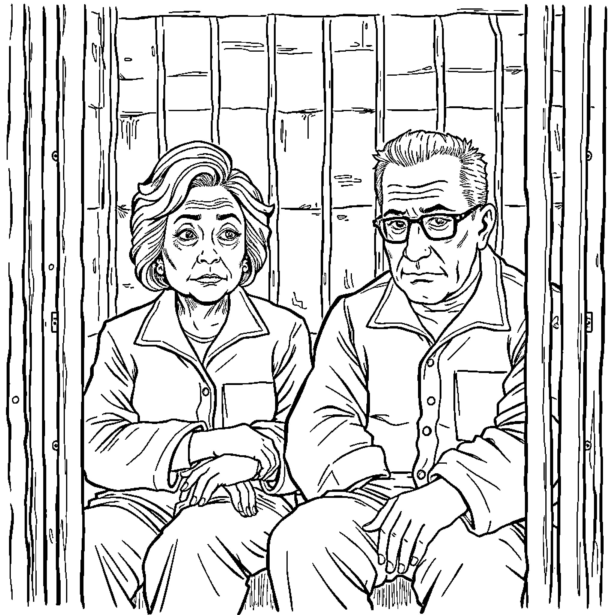 Hillary Clinton and companion in contemplative pose Coloring Page (free black-and-white line drawing printable PDF for all, from beginners to advanced learners, including children, teens, adults, and seniors)