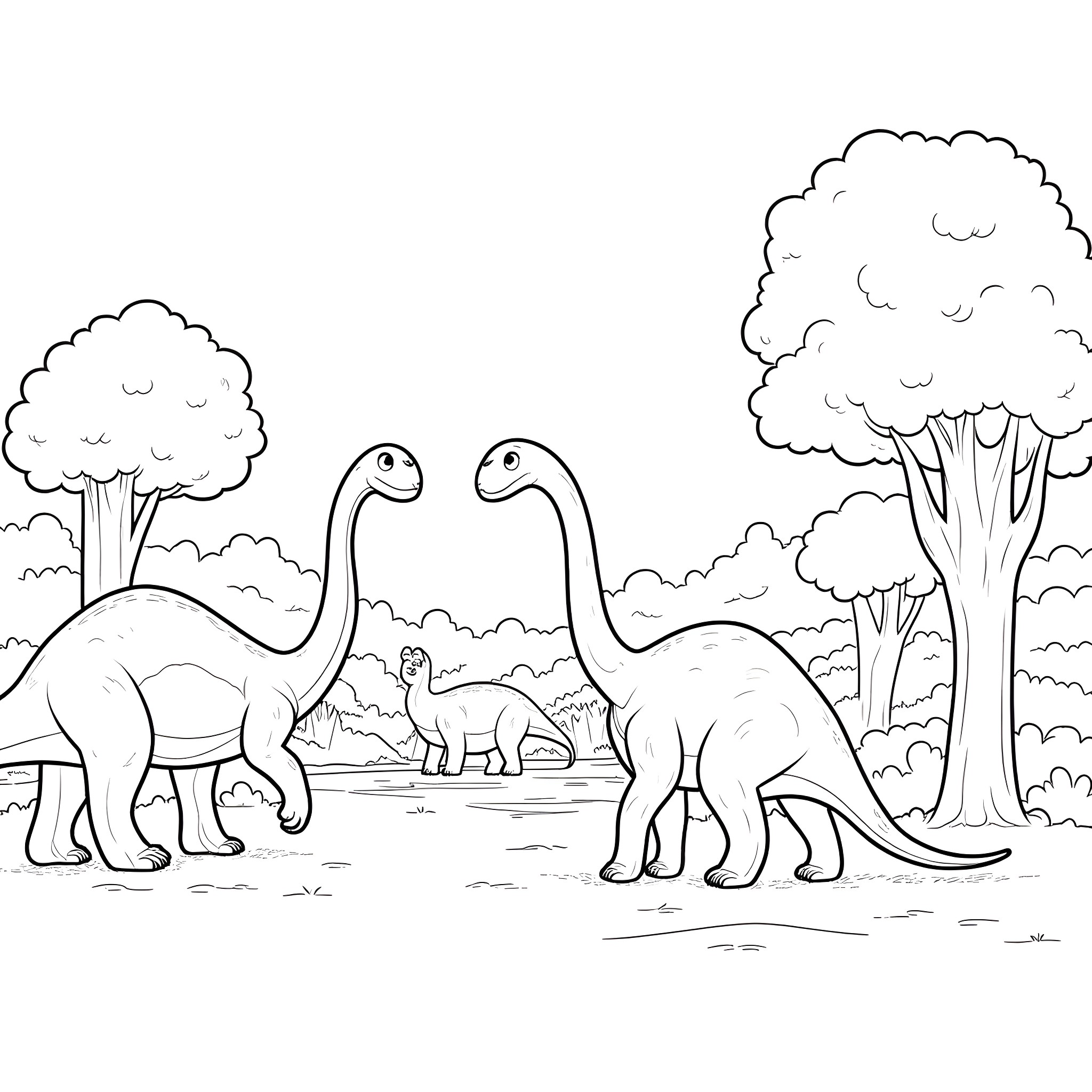 Dinosaurs roaming in prehistoric landscape Coloring Page (free black-and-white line drawing printable PDF for all, from beginners to advanced learners, including children, teens, adults, and seniors)