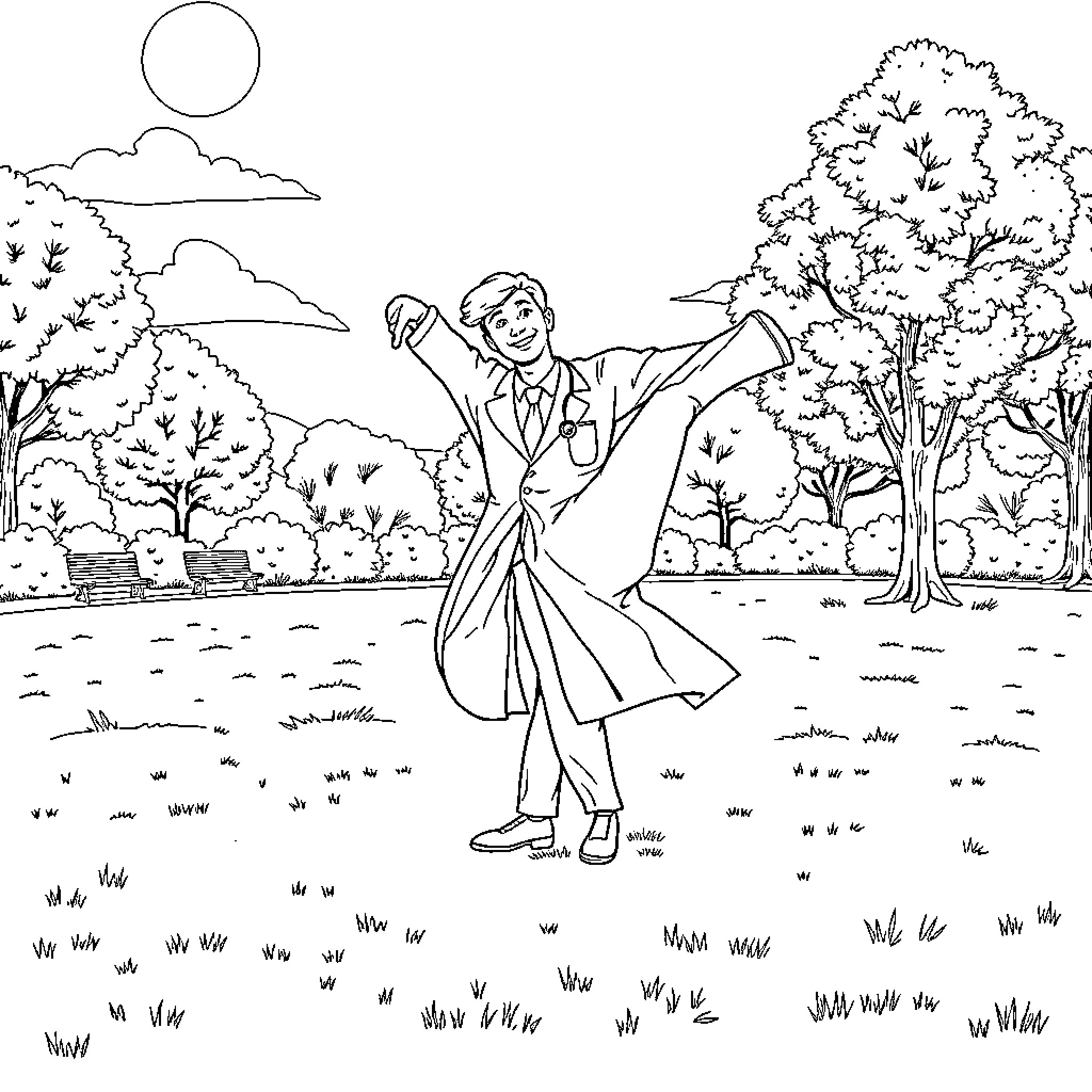 Doctor Joyfully Dancing in Idyllic Outdoor Scene Coloring Page (free black-and-white line drawing printable PDF for all, from beginners to advanced learners, including children, teens, adults, and seniors)