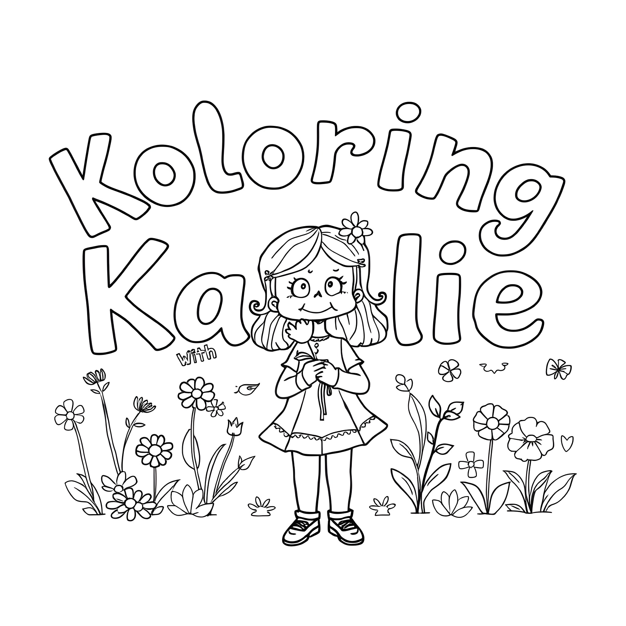 Girl in a flower garden with Coloring Kallie text Coloring Page (free black-and-white line drawing printable PDF for all, from beginners to advanced learners, including children, teens, adults, and seniors)