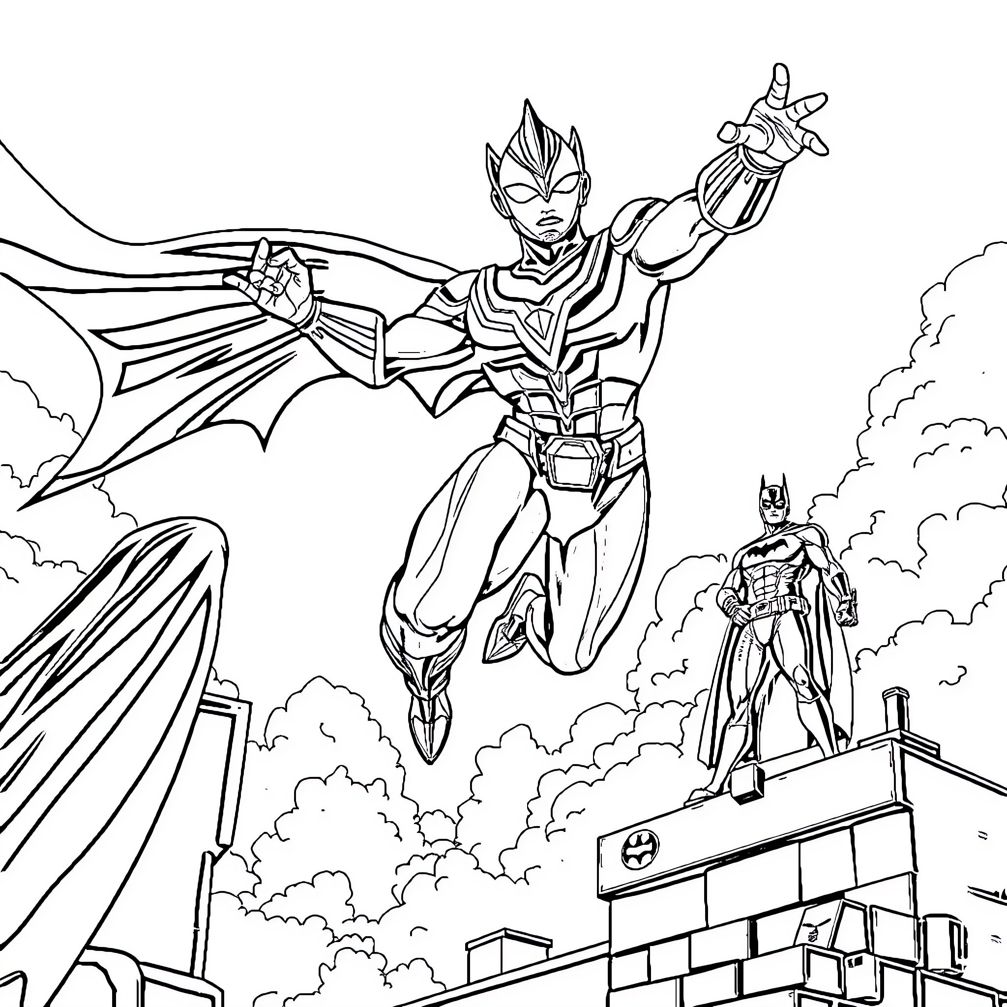 Ultraman heroes in action-packed battle Coloring Page (free black-and-white line drawing printable PDF for all, from beginners to advanced learners, including children, teens, adults, and seniors)