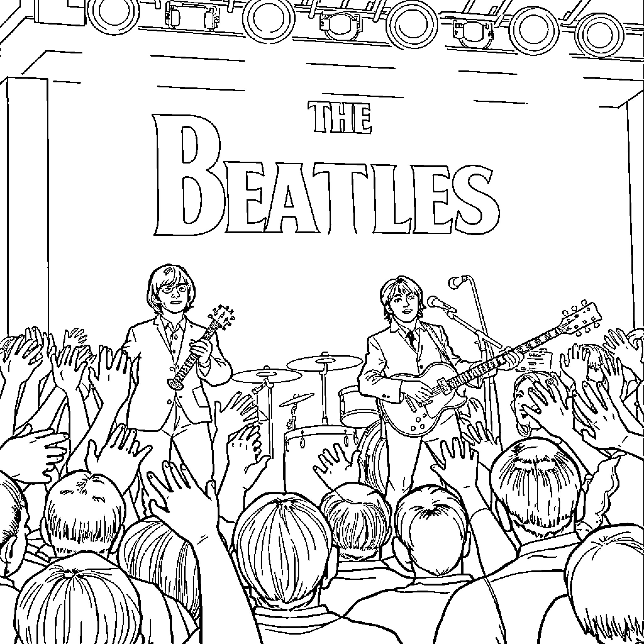 Beatles performing live on stage in front of audience Coloring Page (free black-and-white line drawing printable PDF for all, from beginners to advanced learners, including children, teens, adults, and seniors)
