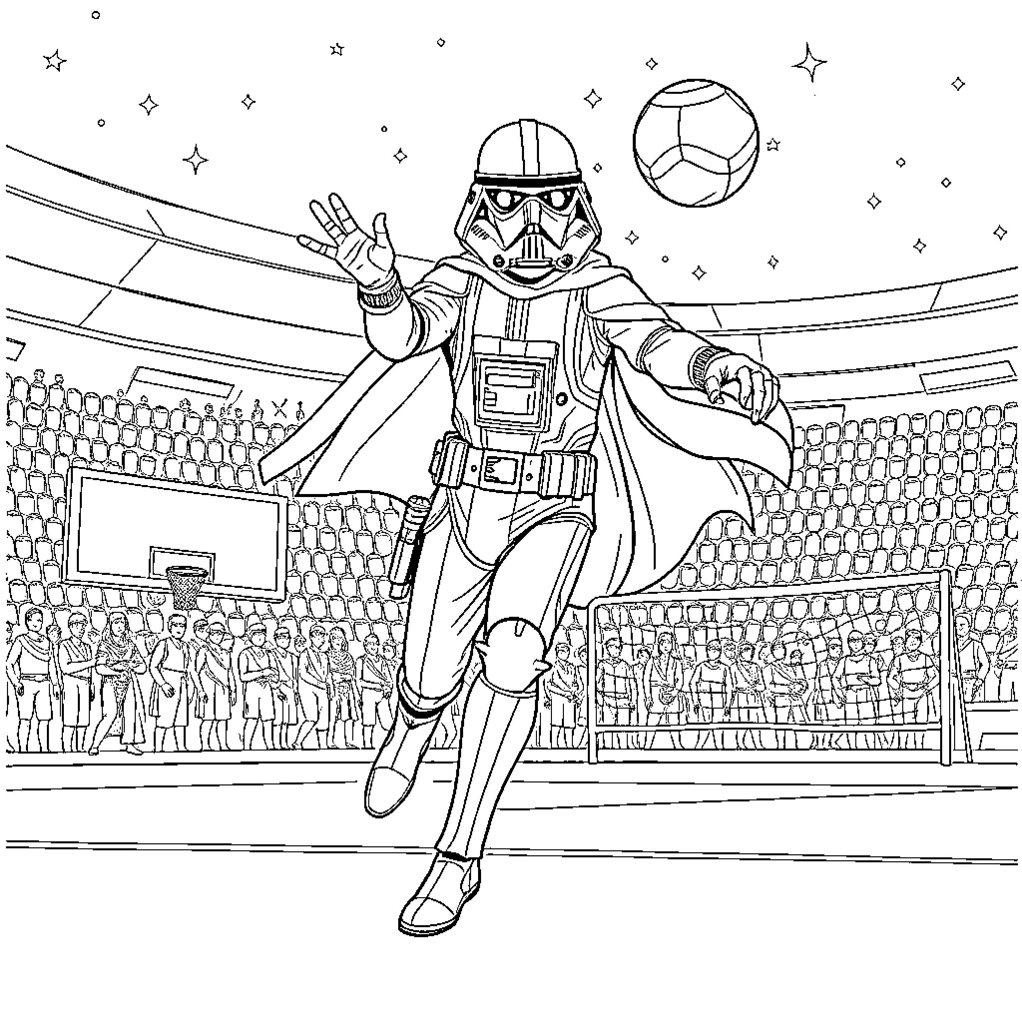 Star Wars Character Performing Dramatic Action on Stage Coloring Page (free black-and-white line drawing printable PDF for all, from beginners to advanced learners, including children, teens, adults, and seniors)