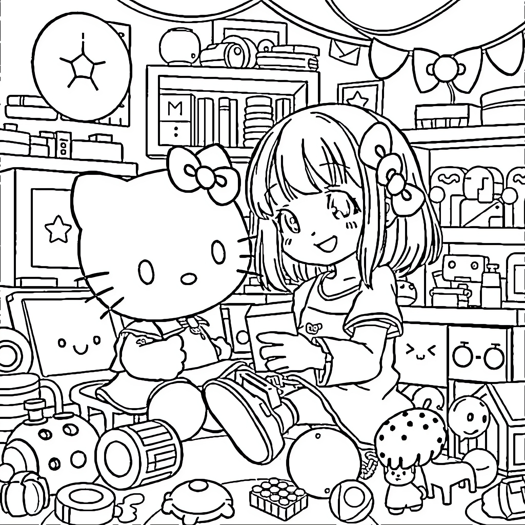 Kuromi and friends enjoying a playful day Coloring Page (free black-and-white line drawing printable PDF for all, from beginners to advanced learners, including children, teens, adults, and seniors)