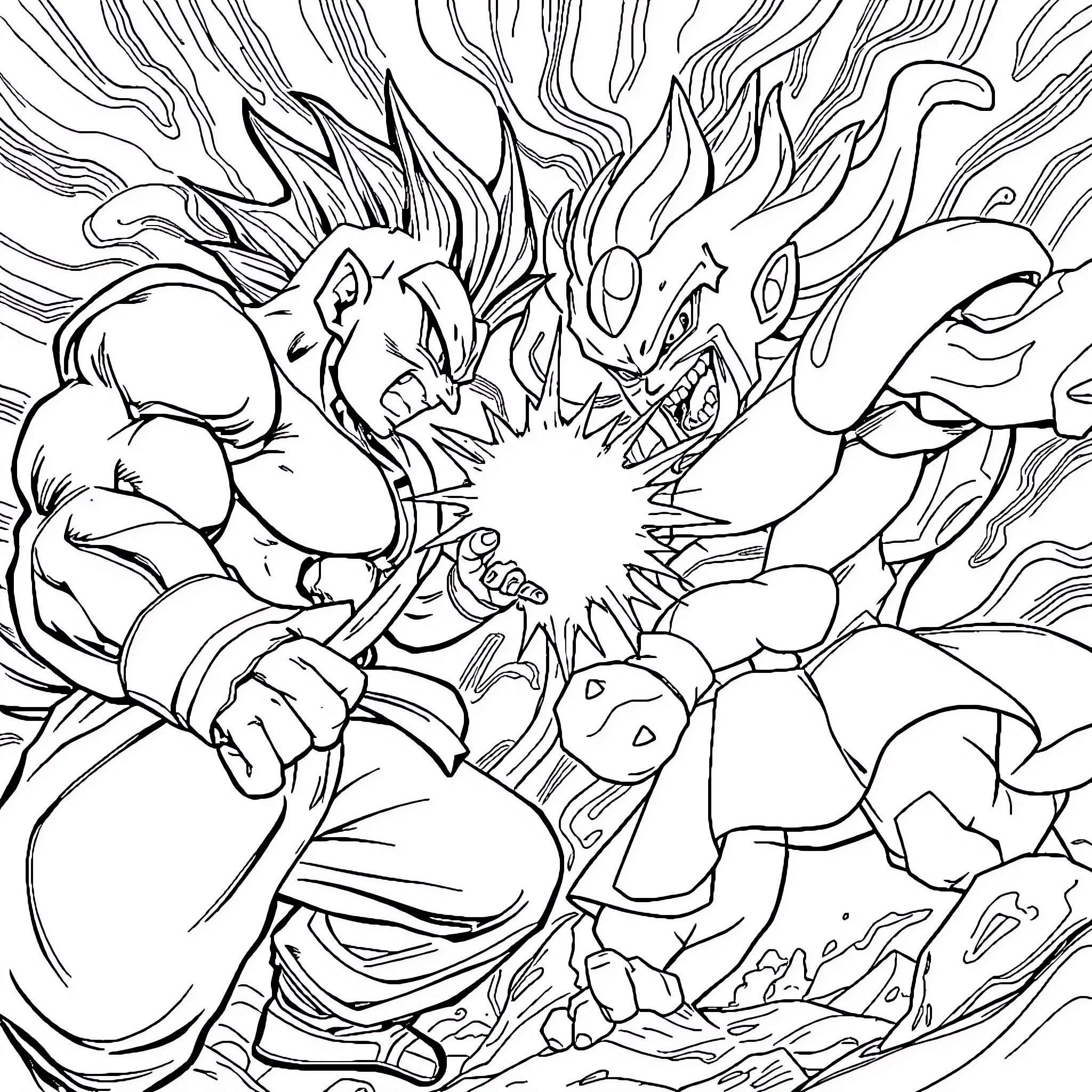 Gourmet Monsters Clash in Chaotic Combat Coloring Page (free black-and-white line drawing printable PDF for all, from beginners to advanced learners, including children, teens, adults, and seniors)