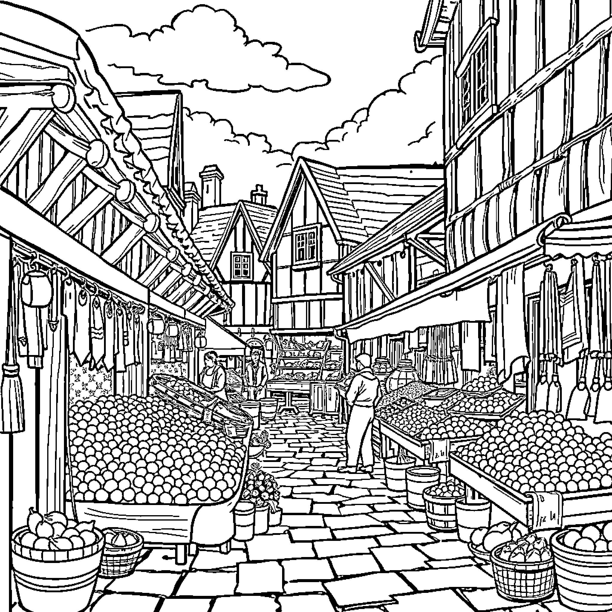 Market Day in a Historic Town Square Coloring Page (free black-and-white line drawing printable PDF for all, from beginners to advanced learners, including children, teens, adults, and seniors)