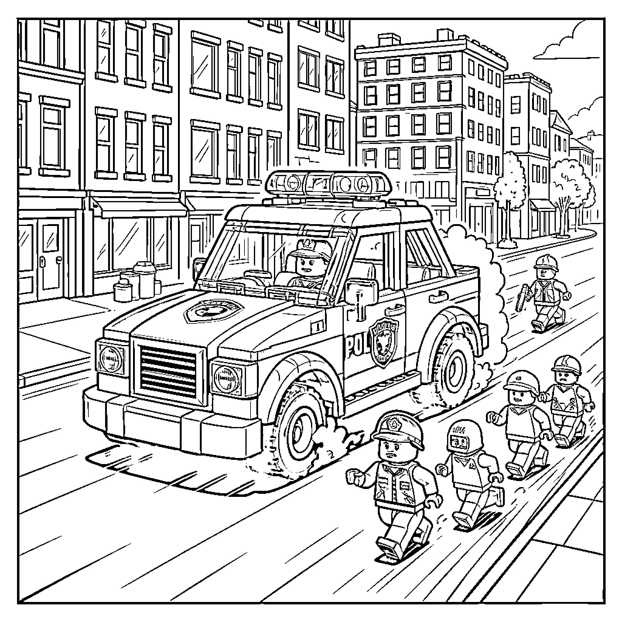 Police Vehicle Responding to an Incident in the City Coloring Page (free black-and-white line drawing printable PDF for all, from beginners to advanced learners, including children, teens, adults, and seniors)