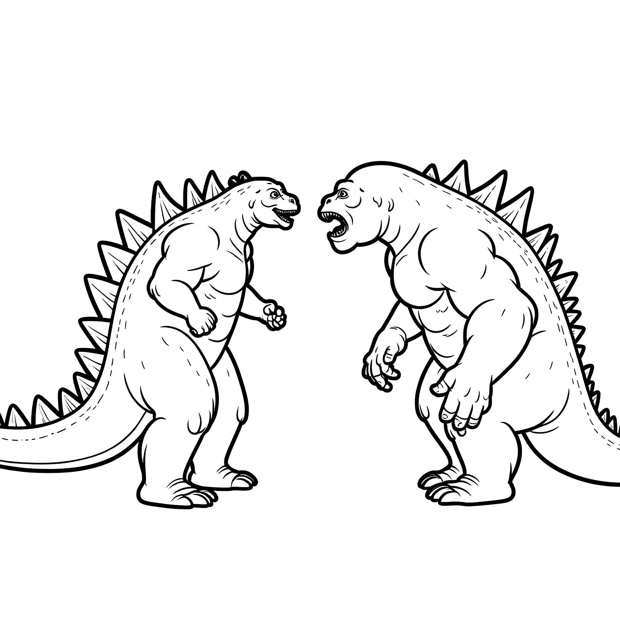 Godzilla monsters battling in a fearsome showdown Coloring Page (free black-and-white line drawing printable PDF for all, from beginners to advanced learners, including children, teens, adults, and seniors)
