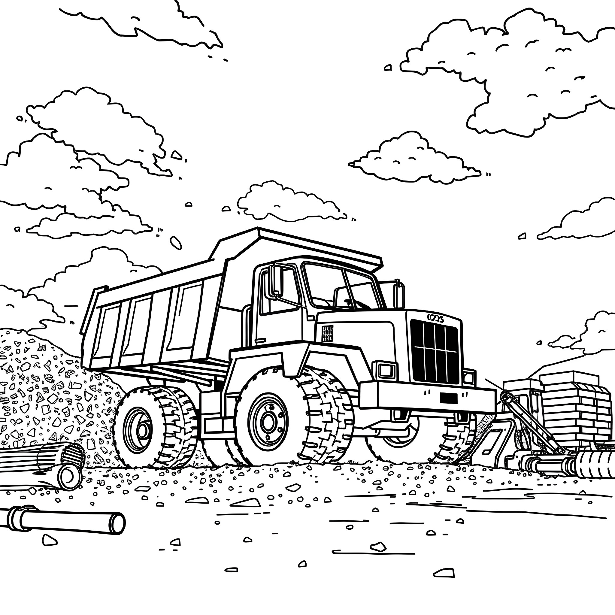 Dump Truck Hauling Rocks on a Sunny Day Coloring Page (free black-and-white line drawing printable PDF for all, from beginners to advanced learners, including children, teens, adults, and seniors)