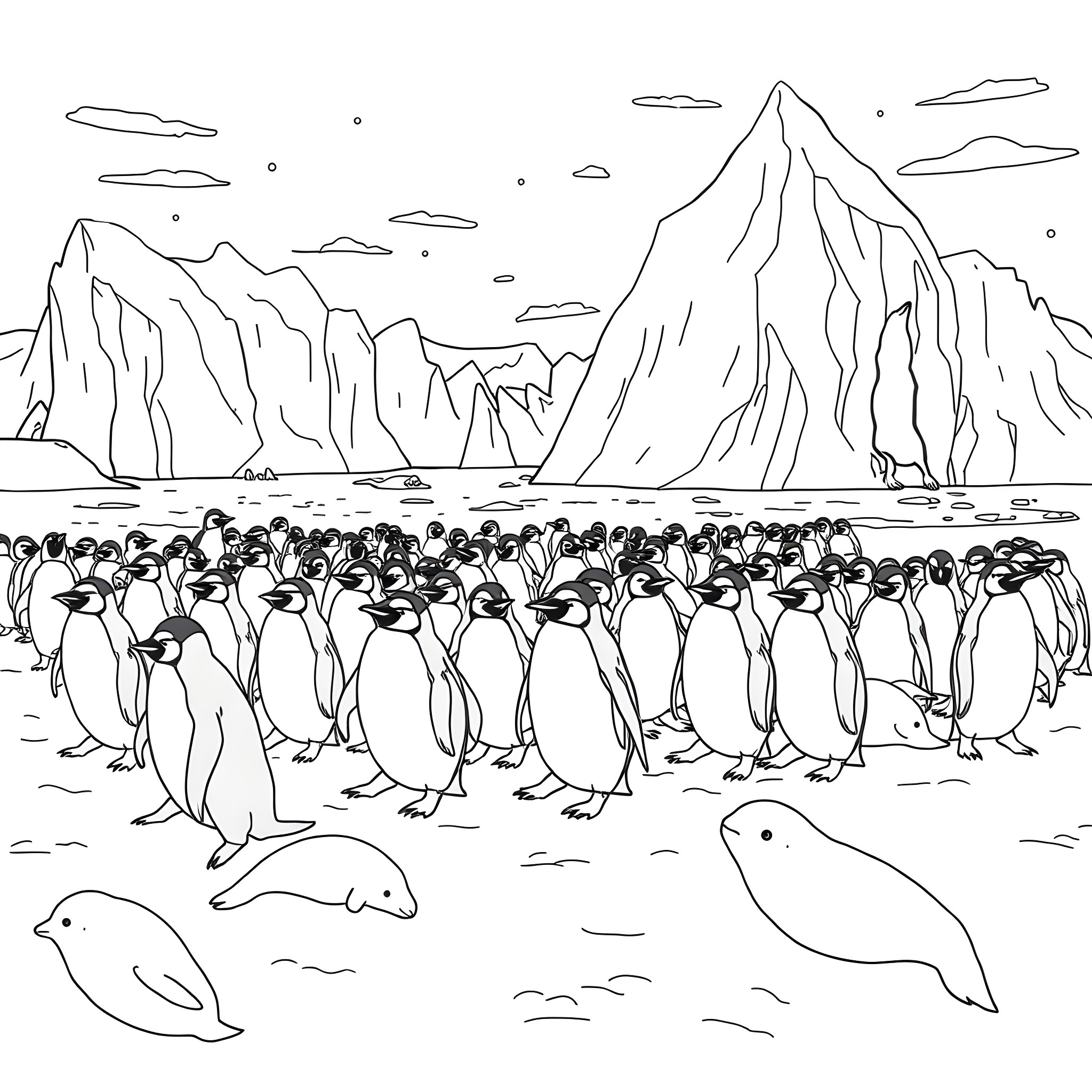 Penguins gathered in a wintry landscape Coloring Page (free black-and-white line drawing printable PDF for all, from beginners to advanced learners, including children, teens, adults, and seniors)