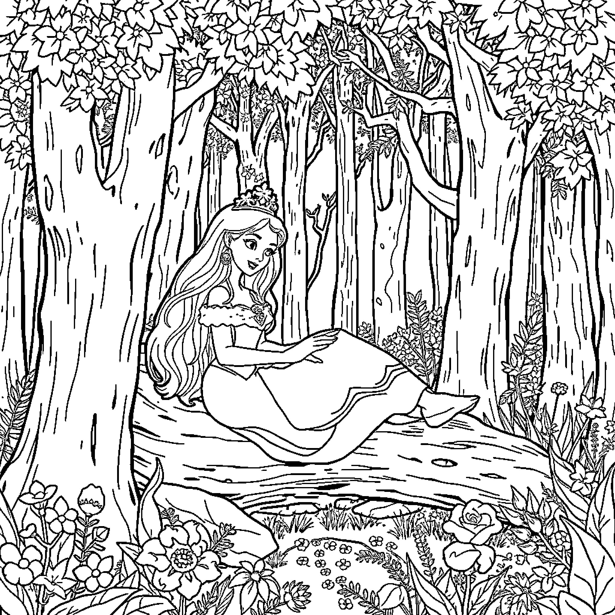 Sleeping Beauty resting peacefully in the enchanted forest Coloring Page (free black-and-white line drawing printable PDF for all, from beginners to advanced learners, including children, teens, adults, and seniors)