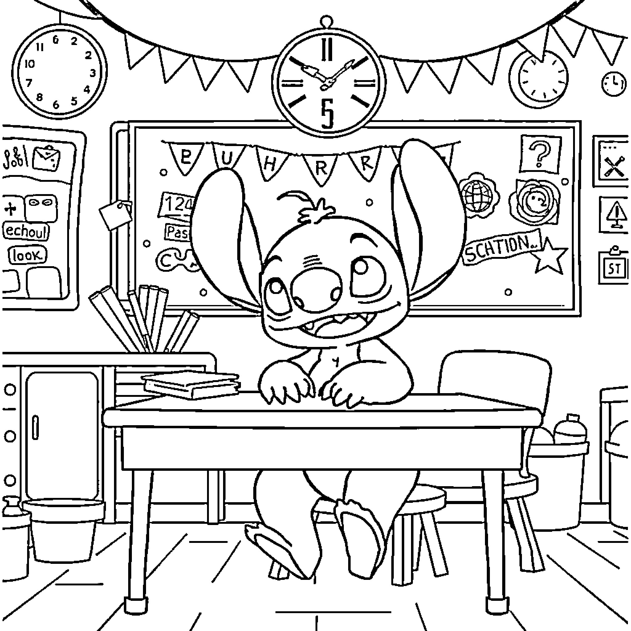 Stitch's Classroom Fun Coloring Page (free black-and-white line drawing printable PDF for all, from beginners to advanced learners, including children, teens, adults, and seniors)