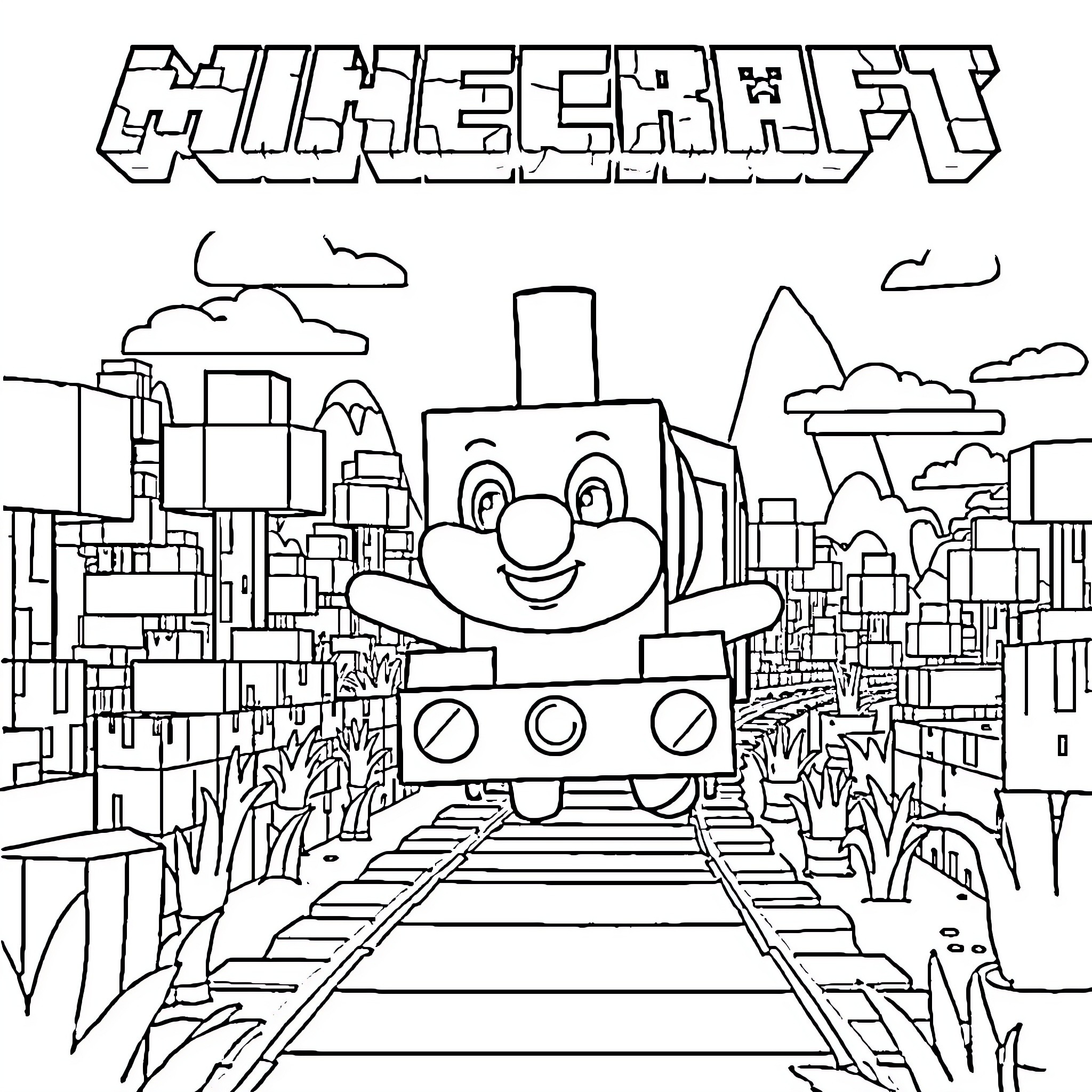 Choo Choo Charles: A Friendly Train's Journey Through the City Coloring Page (free black-and-white line drawing printable PDF for all, from beginners to advanced learners, including children, teens, adults, and seniors)