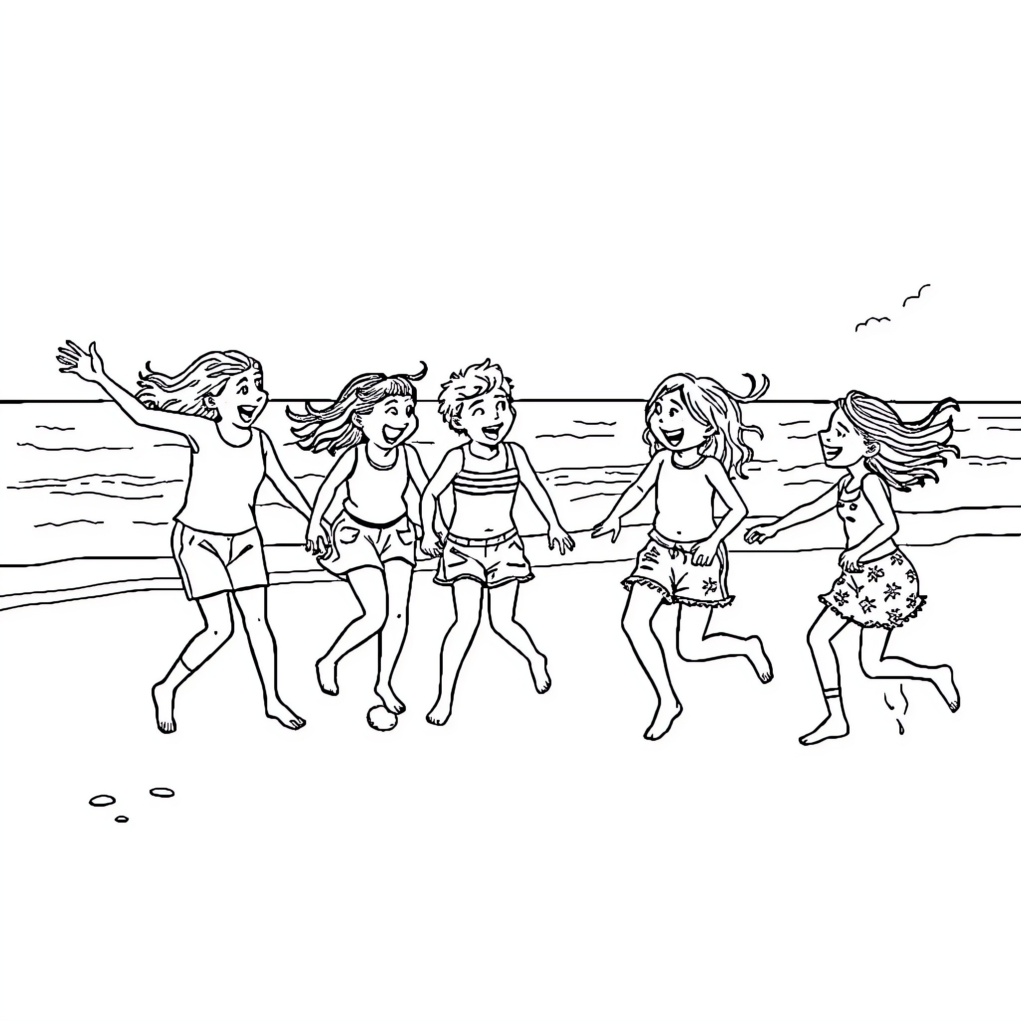 Friend group playing joyfully on the beach Coloring Page (free black-and-white line drawing printable PDF for all, from beginners to advanced learners, including children, teens, adults, and seniors)