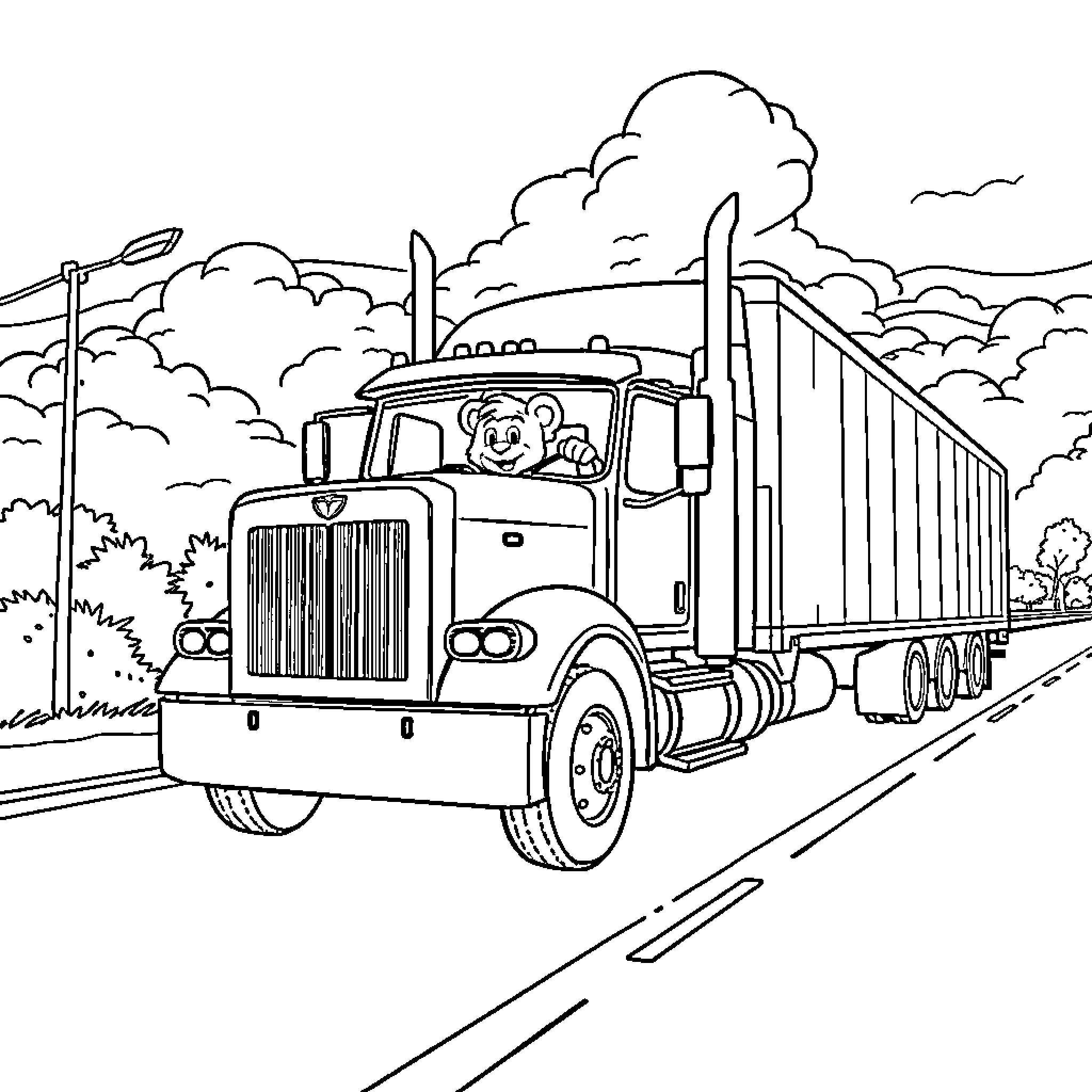 Leo drives happy big rig truck on the highway Coloring Page (free black-and-white line drawing printable PDF for all, from beginners to advanced learners, including children, teens, adults, and seniors)