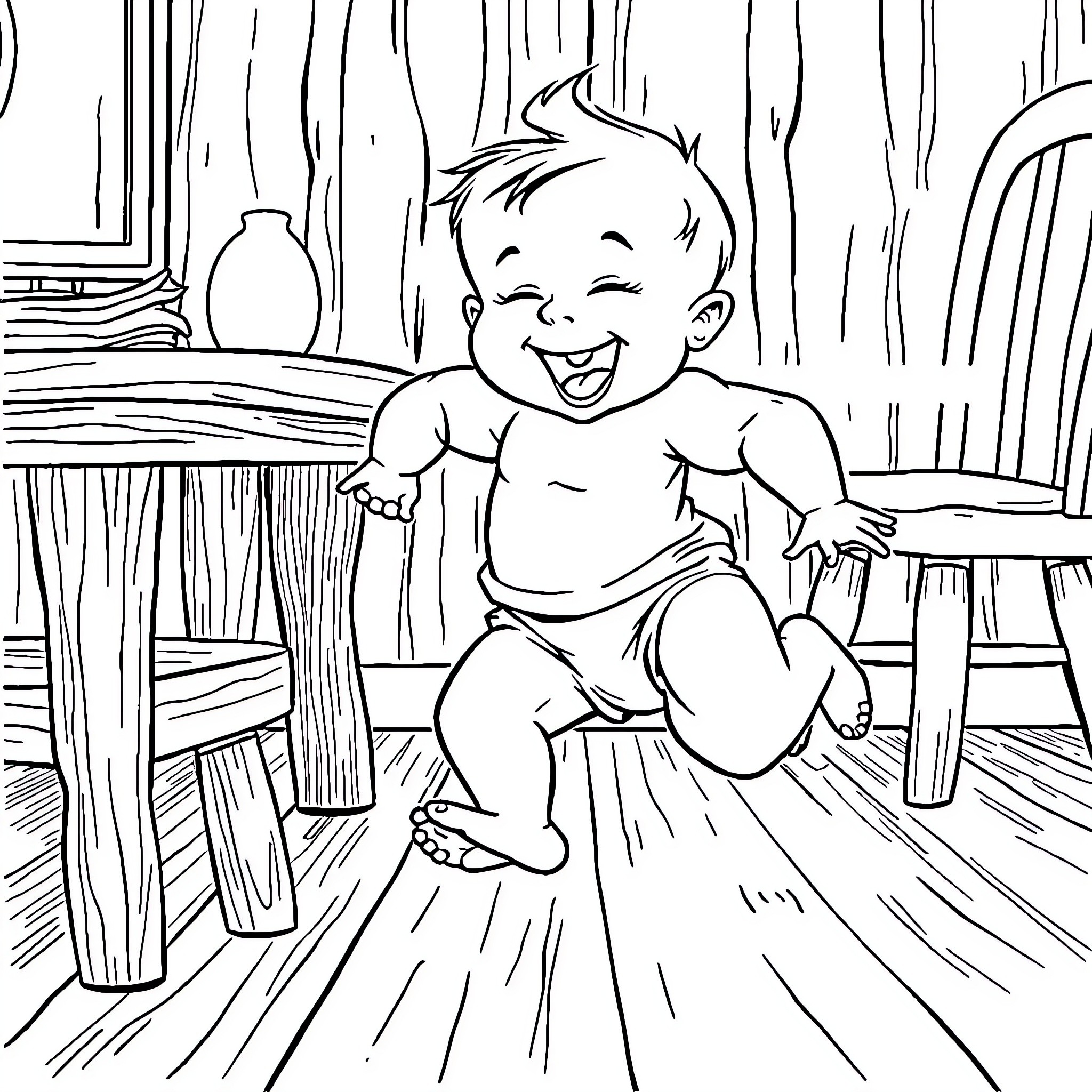 Baby Happily Playing on the Floor Coloring Page (free black-and-white line drawing printable PDF for all, from beginners to advanced learners, including children, teens, adults, and seniors)
