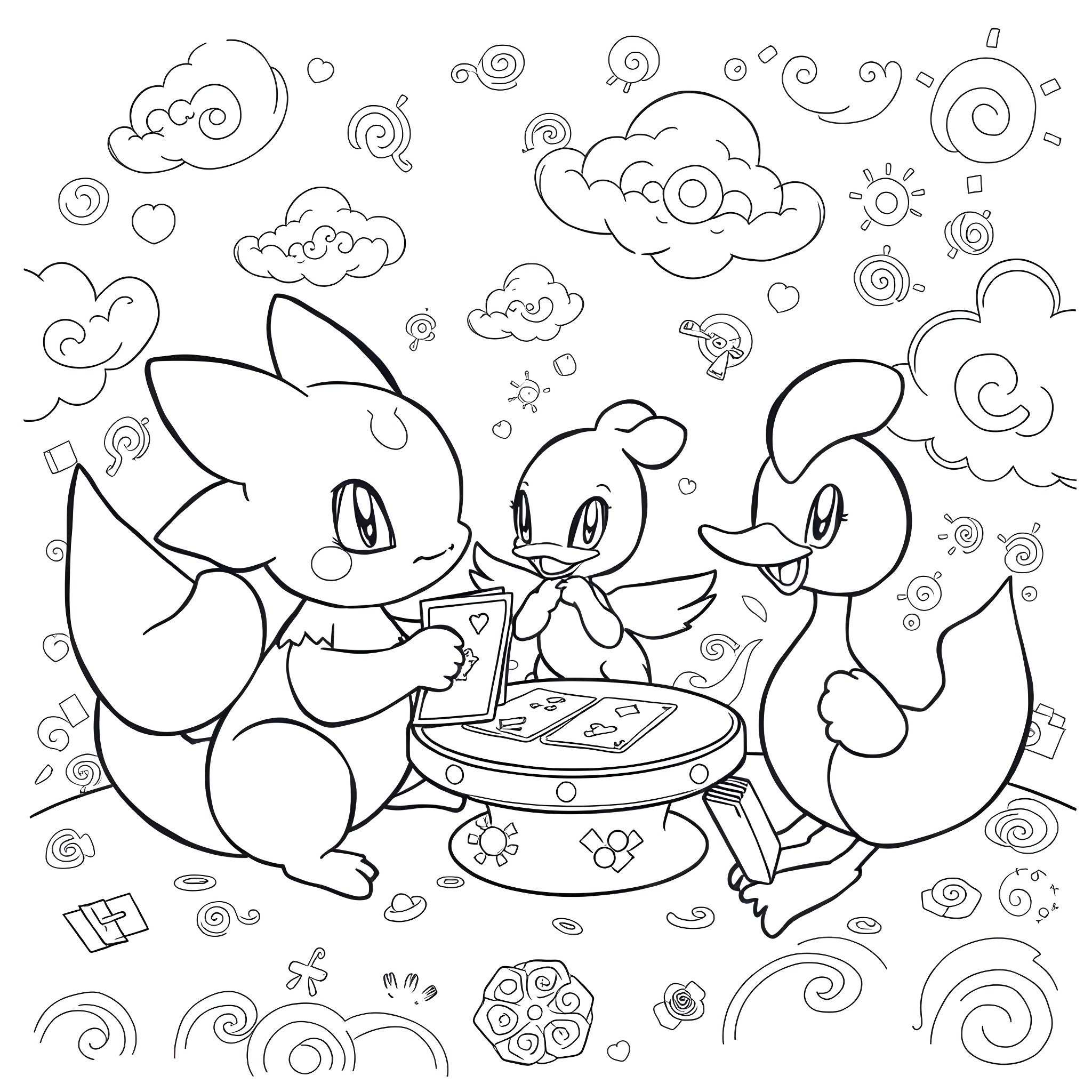 Spinda enjoying a picnic with friends Coloring Page (free black-and-white line drawing printable PDF for all, from beginners to advanced learners, including children, teens, adults, and seniors)