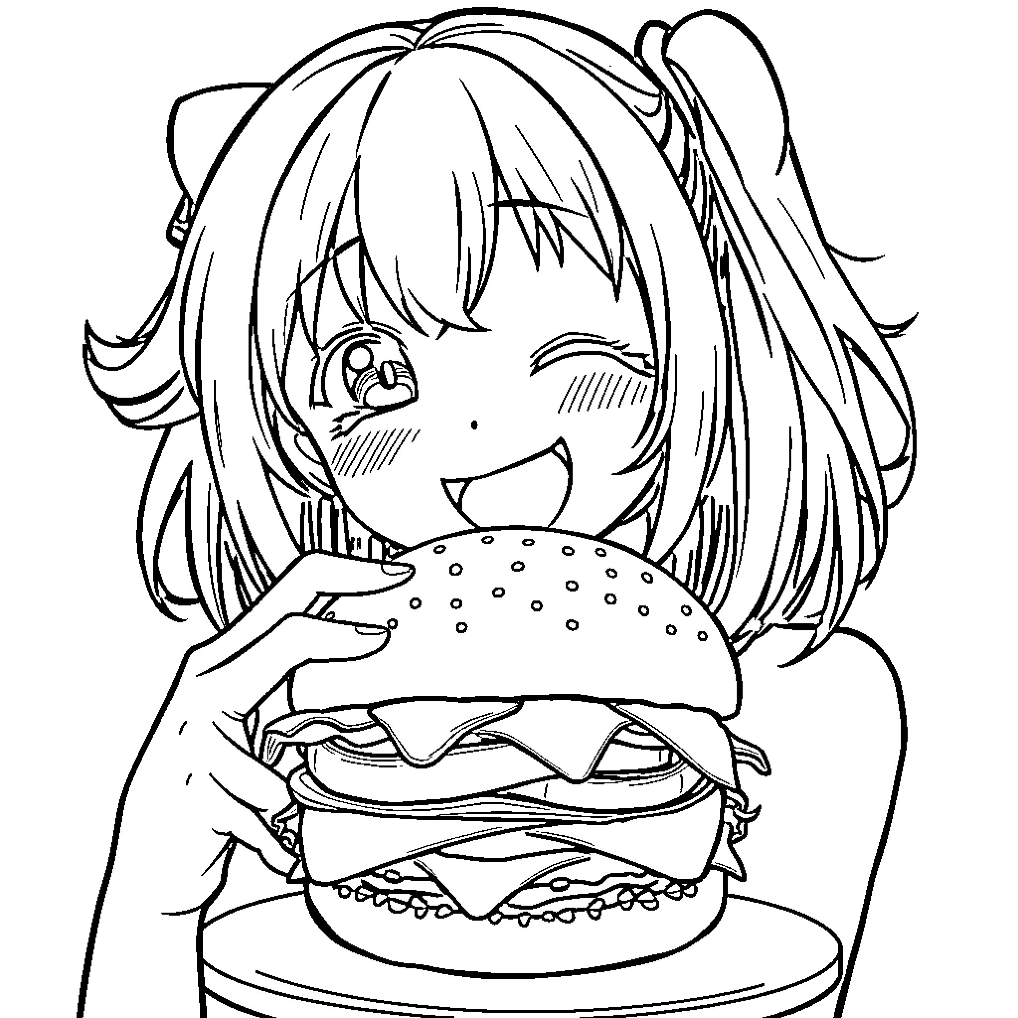 Anime Girl Happily Enjoying a Burger Coloring Page (free black-and-white line drawing printable PDF for all, from beginners to advanced learners, including children, teens, adults, and seniors)