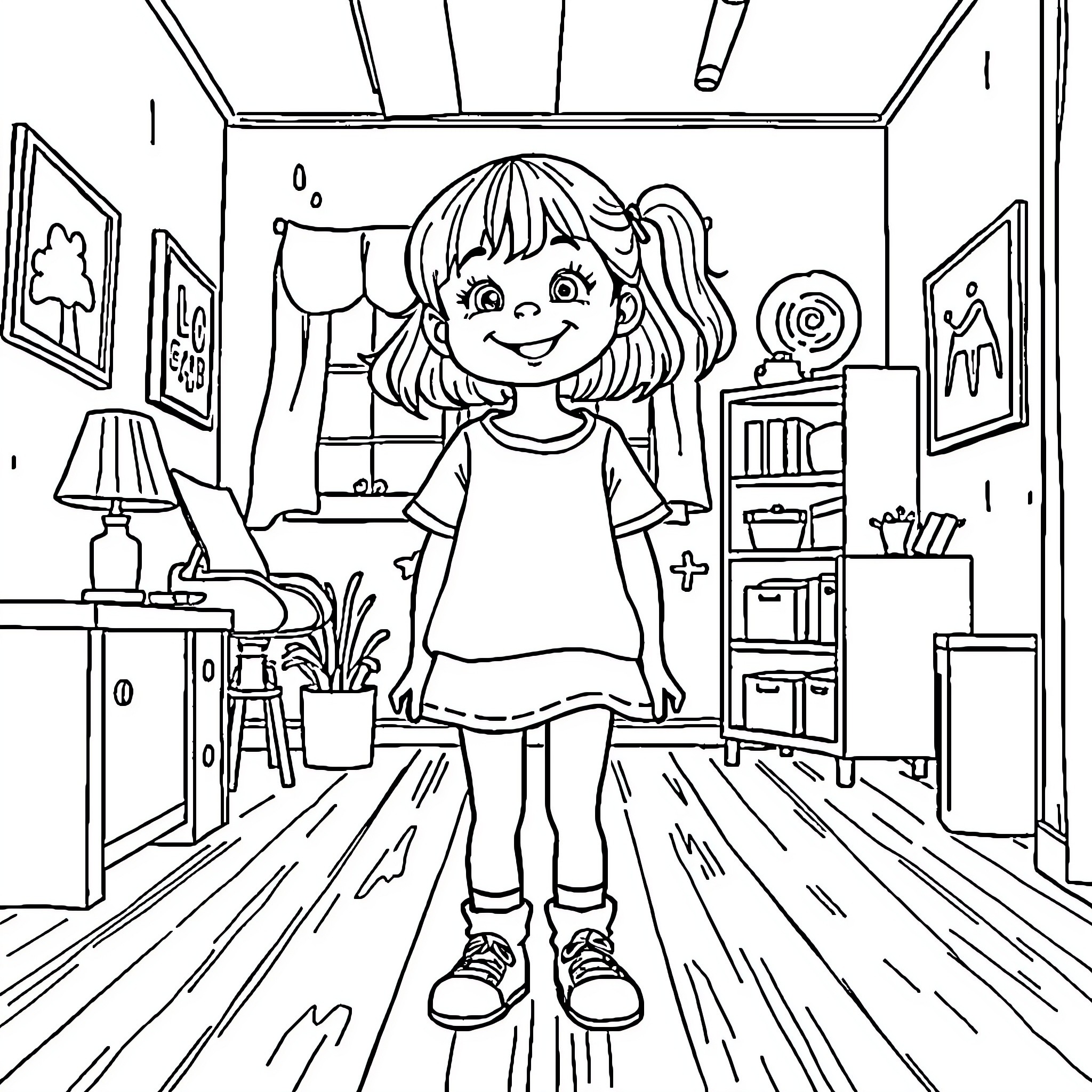Girl Exploring Her Artistic Room Coloring Page (free black-and-white line drawing printable PDF for all, from beginners to advanced learners, including children, teens, adults, and seniors)