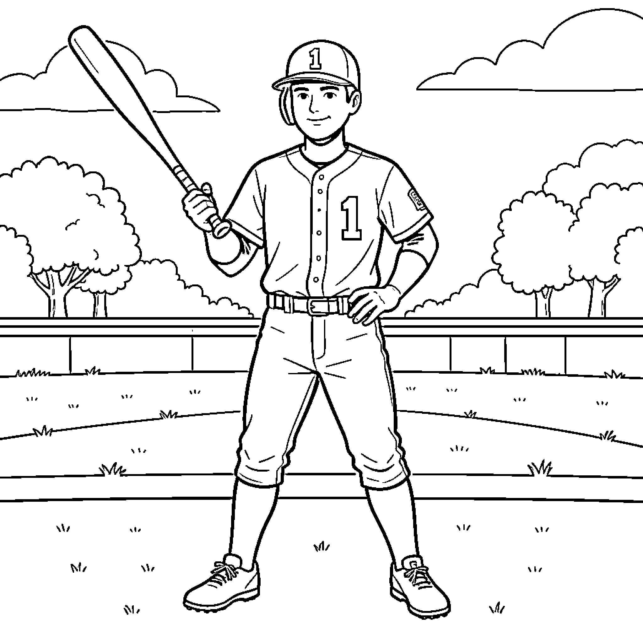 Baseball Player Batting on the Field Coloring Page (free black-and-white line drawing printable PDF for all, from beginners to advanced learners, including children, teens, adults, and seniors)