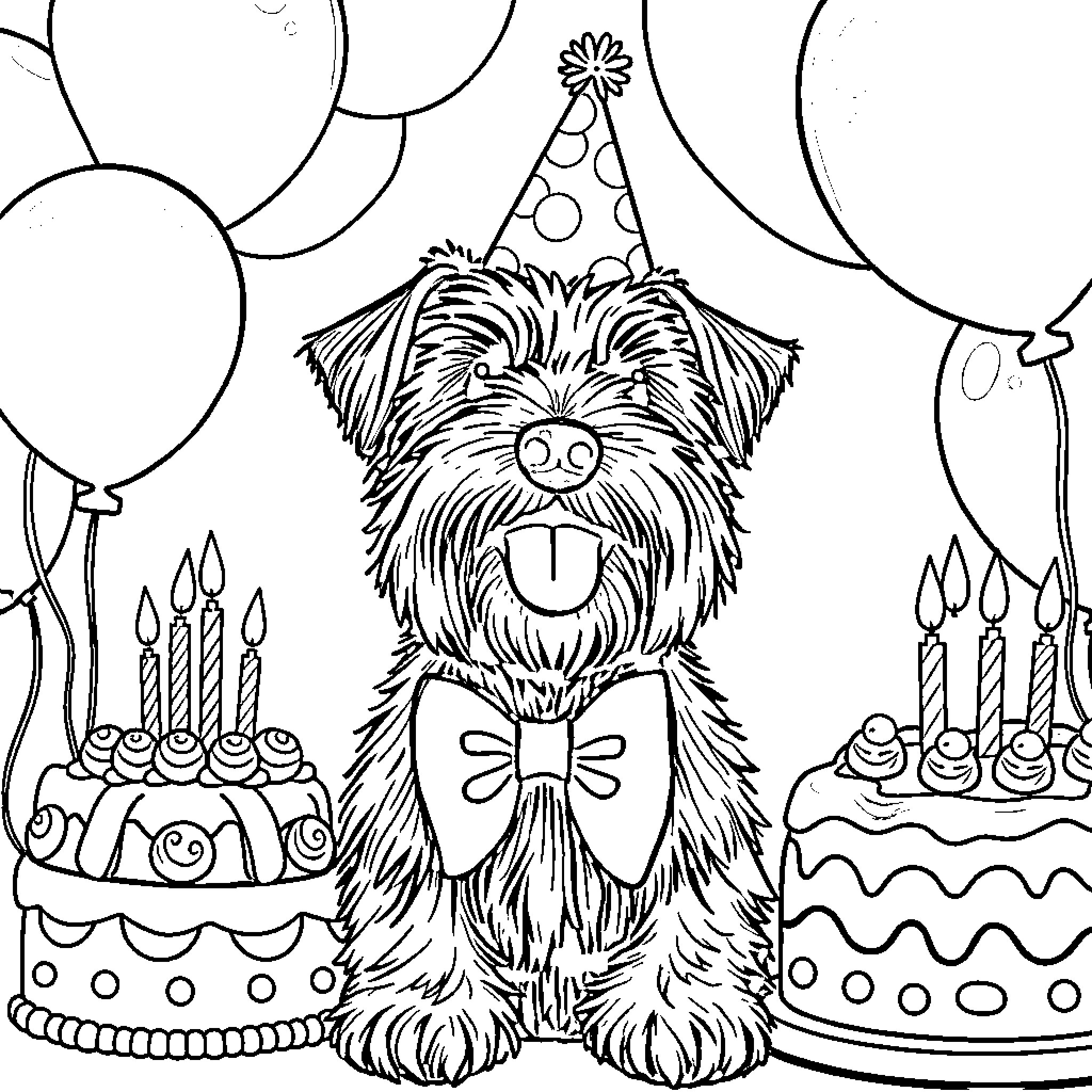 Terrier celebrating birthday with cake and balloons Coloring Page (free black-and-white line drawing printable PDF for all, from beginners to advanced learners, including children, teens, adults, and seniors)