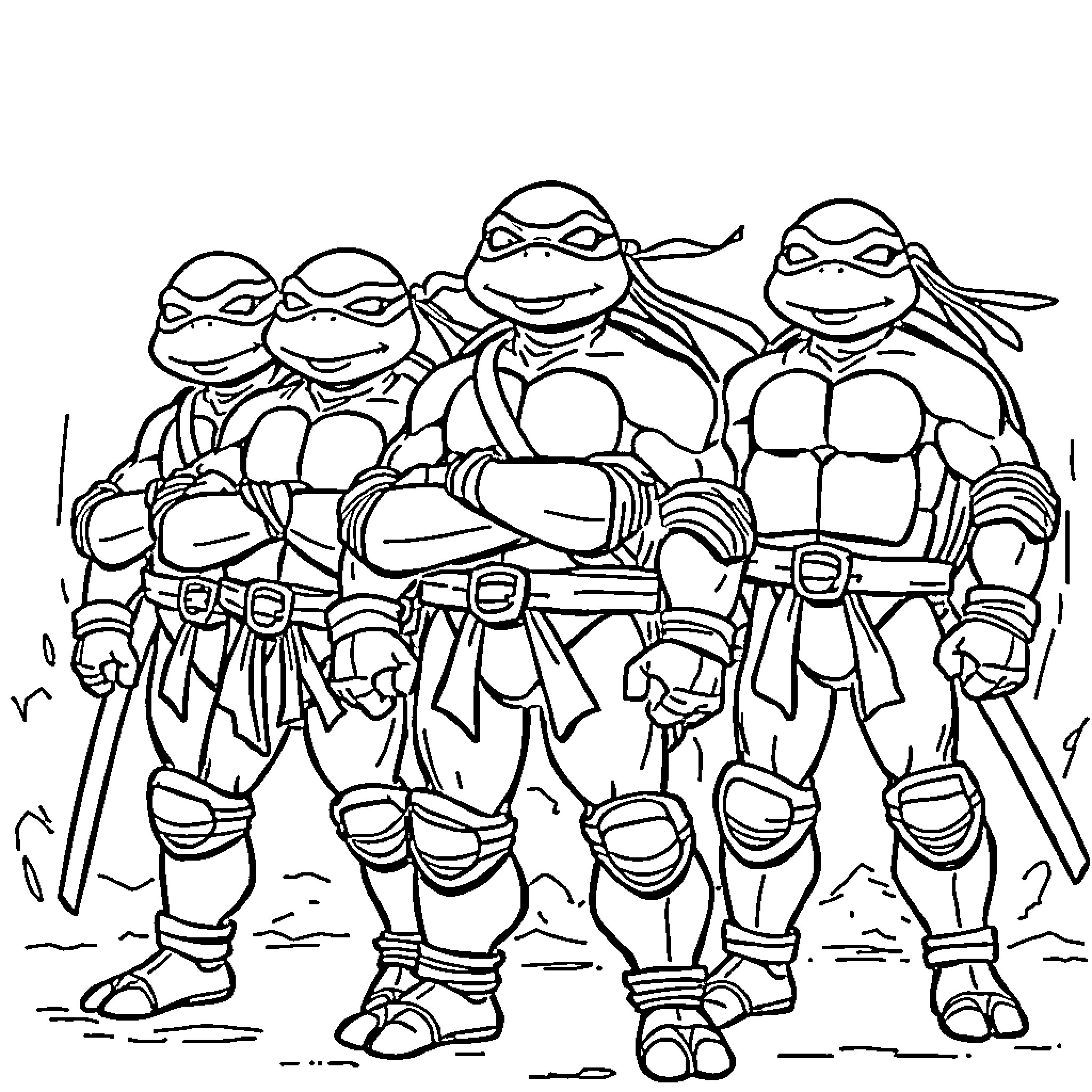 Ninja Turtles in action poses Coloring Page (free black-and-white line drawing printable PDF for all, from beginners to advanced learners, including children, teens, adults, and seniors)