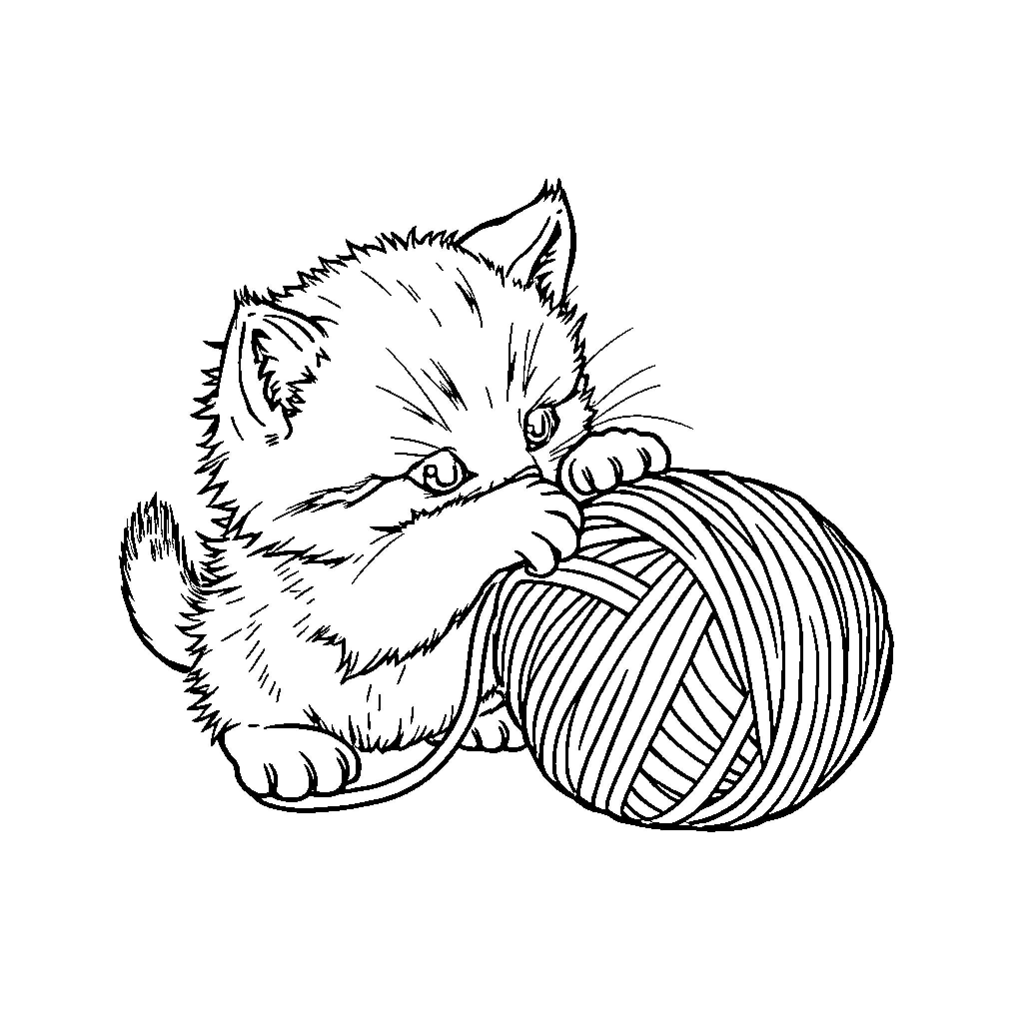 Kitten Playing with Yarn Ball Coloring Page (free black-and-white line drawing printable PDF for all, from beginners to advanced learners, including children, teens, adults, and seniors)