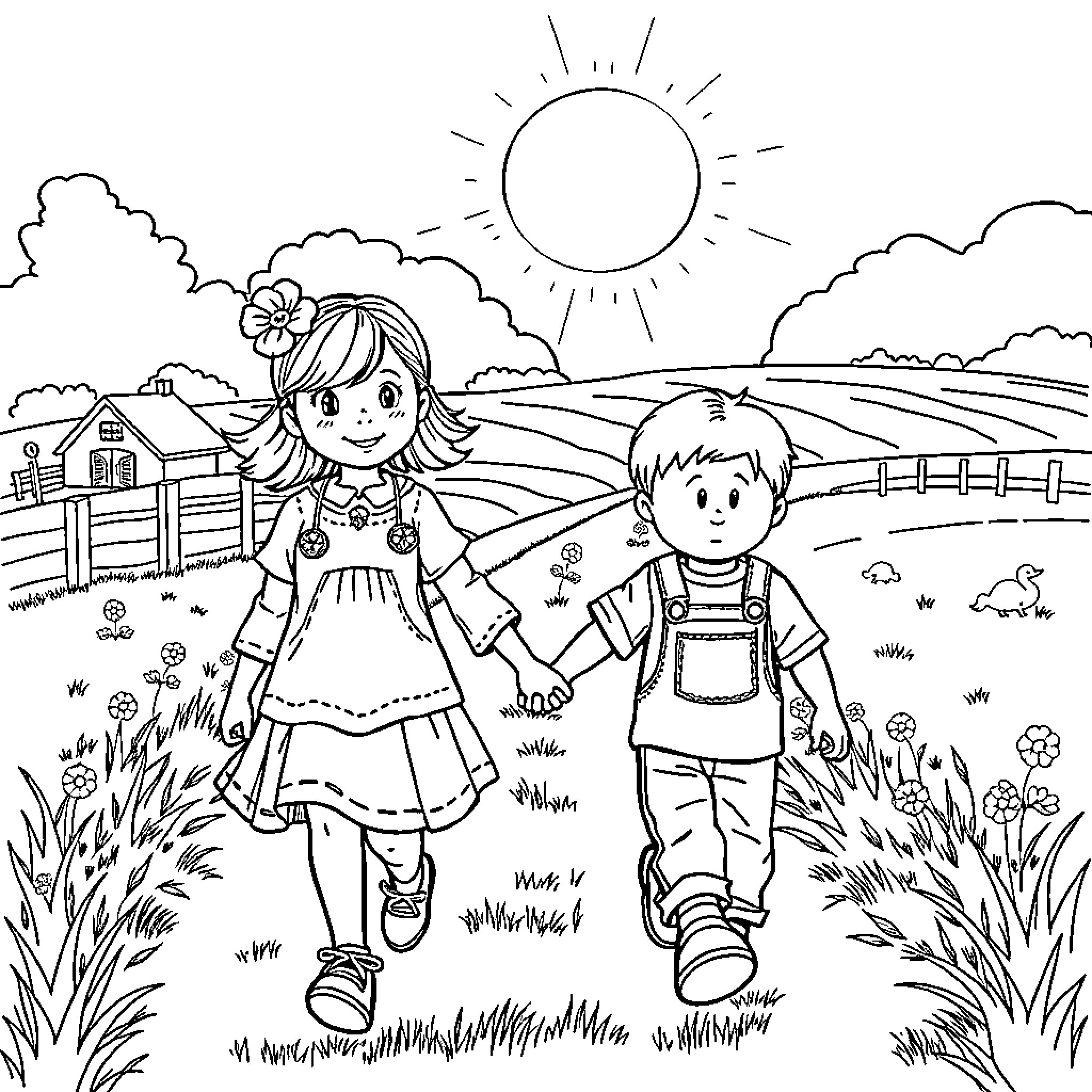 Child exploring the countryside with a friend Coloring Page (free black-and-white line drawing printable PDF for all, from beginners to advanced learners, including children, teens, adults, and seniors)