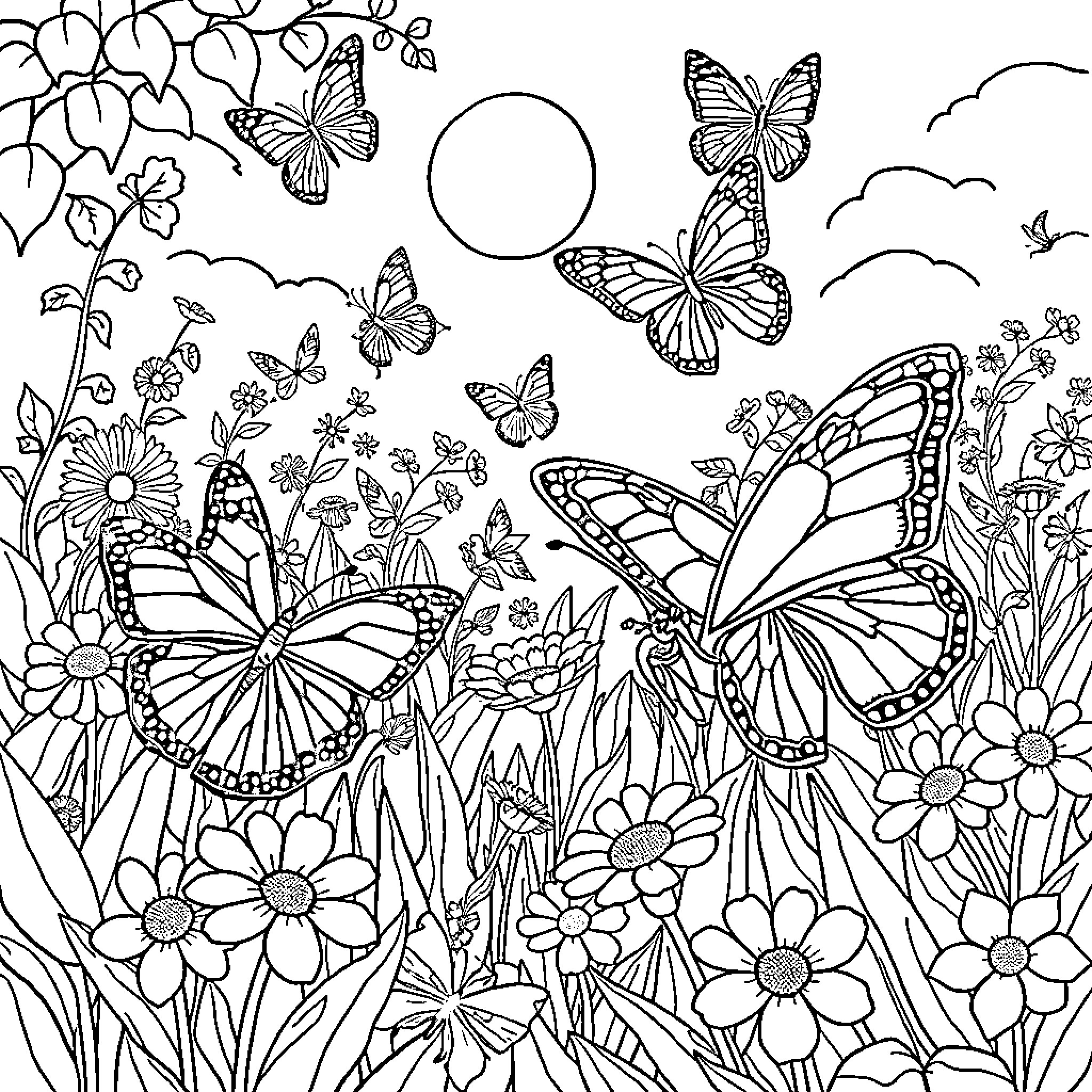 Butterfly Garden with Vibrant Floral Scenes Coloring Page (free black-and-white line drawing printable PDF for all, from beginners to advanced learners, including children, teens, adults, and seniors)