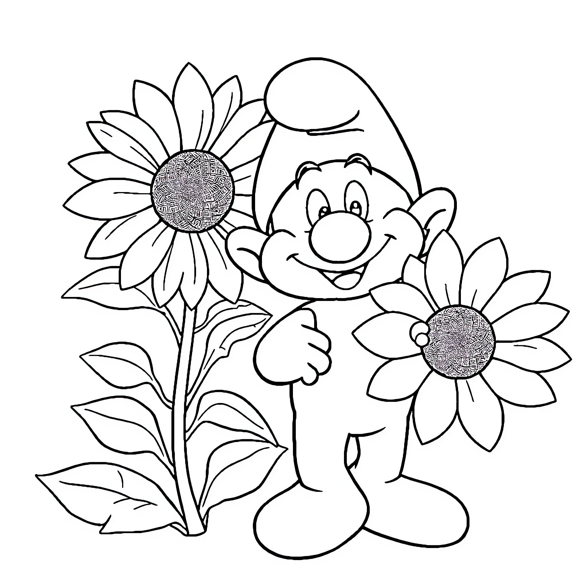 Smurf enjoying sunny day with sunflowers Coloring Page (free black-and-white line drawing printable PDF for all, from beginners to advanced learners, including children, teens, adults, and seniors)