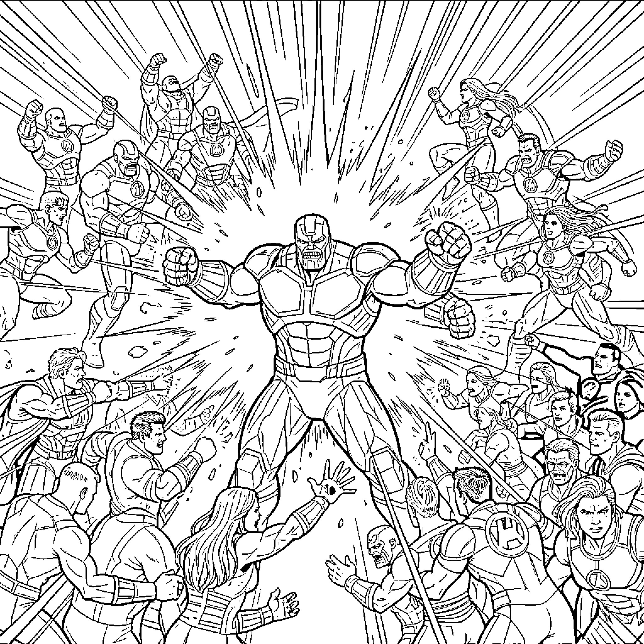 Avenger Action-Packed Superhero Ensemble Illustration Coloring Page (free black-and-white line drawing printable PDF for all, from beginners to advanced learners, including children, teens, adults, and seniors)