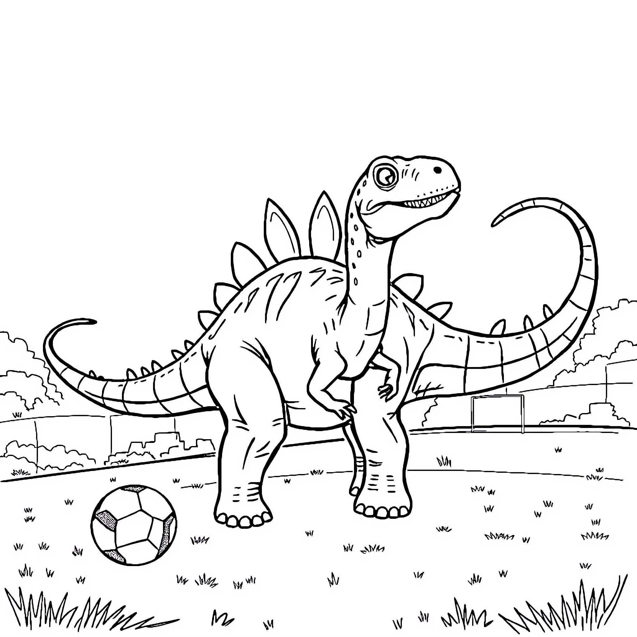 Spinosaurus playing with soccer ball in nature Coloring Page (free black-and-white line drawing printable PDF for all, from beginners to advanced learners, including children, teens, adults, and seniors)