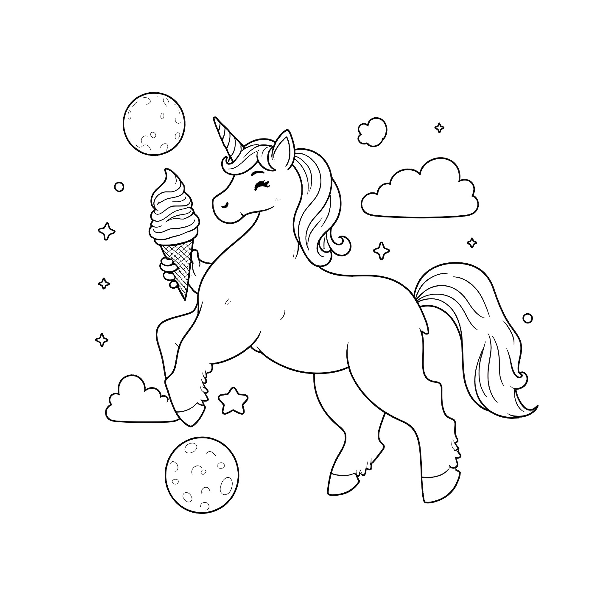 Unicorn enjoying a magical ice cream treat Coloring Page (free black-and-white line drawing printable PDF for all, from beginners to advanced learners, including children, teens, adults, and seniors)