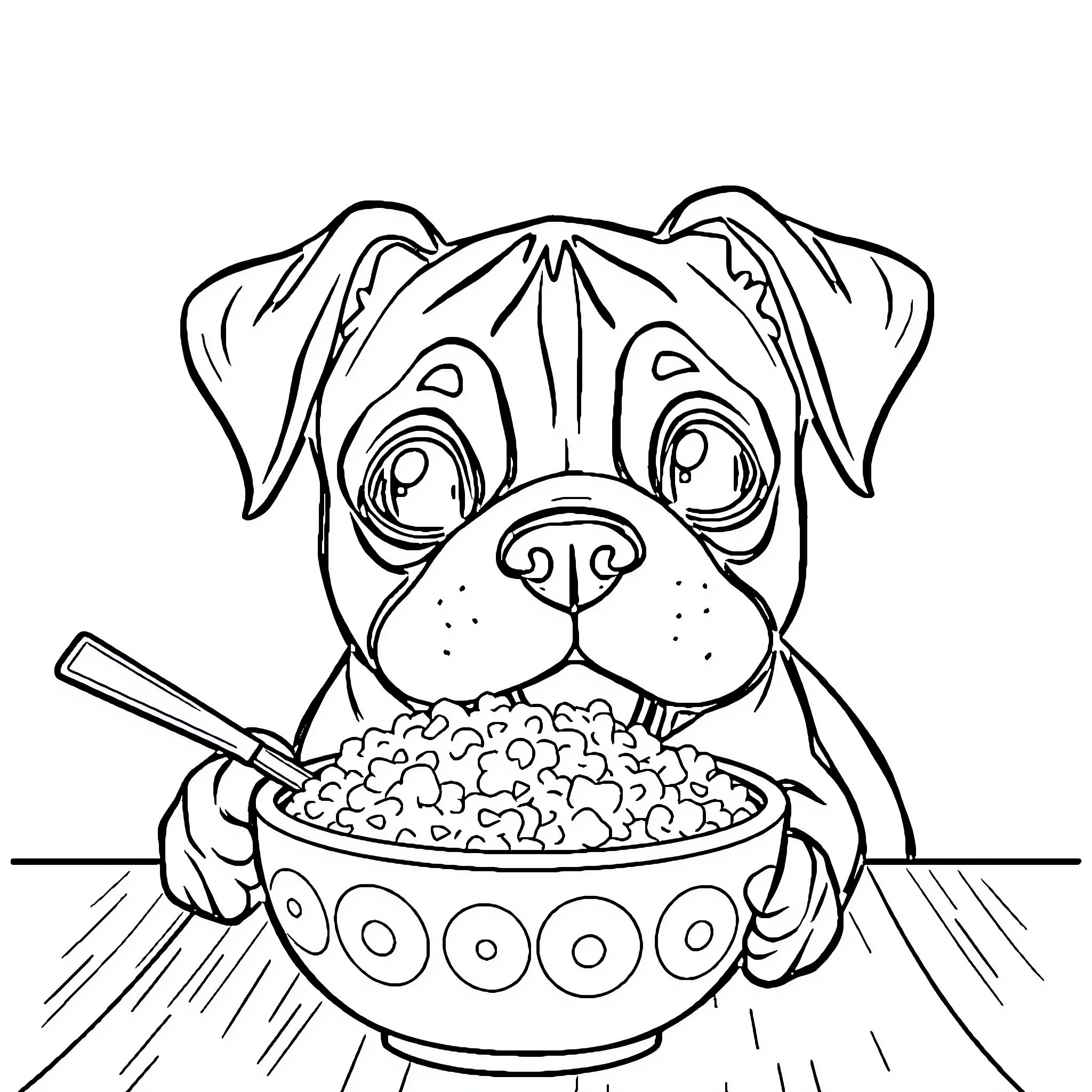 Boxer enjoying a hearty meal from a bowl Coloring Page (free black-and-white line drawing printable PDF for all, from beginners to advanced learners, including children, teens, adults, and seniors)