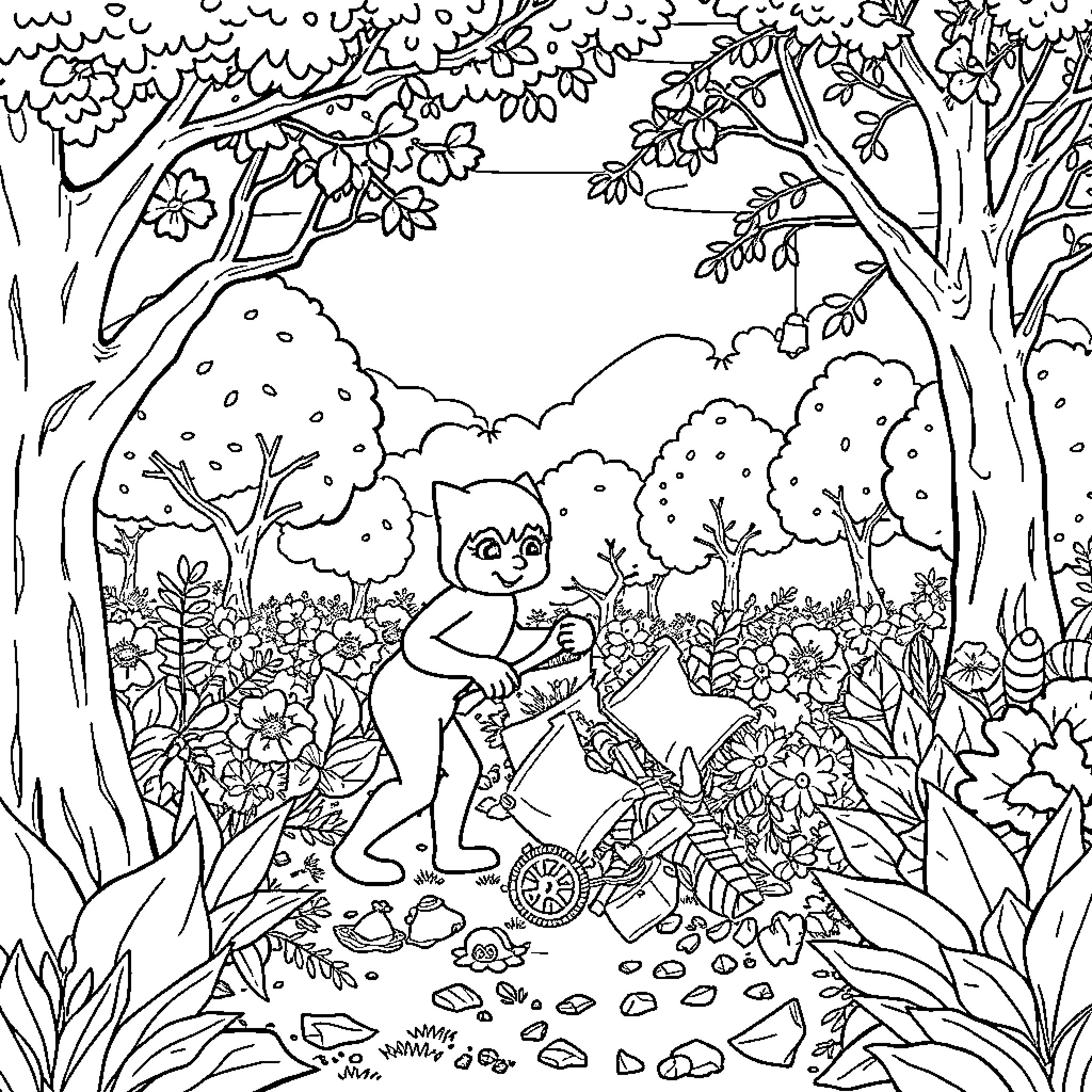 Huntrix's Woodland Adventure Coloring Page (free black-and-white line drawing printable PDF for all, from beginners to advanced learners, including children, teens, adults, and seniors)