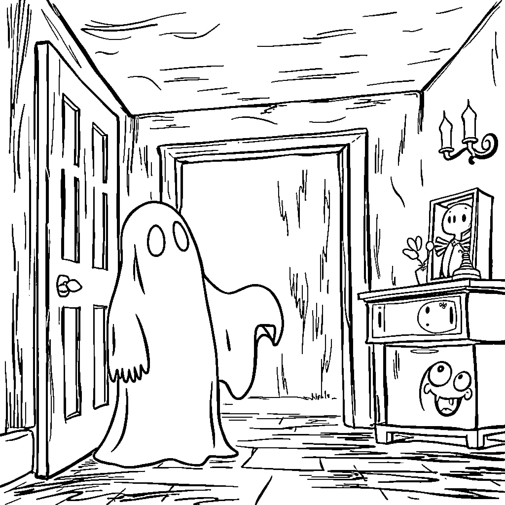 Papa's Haunted Home Adventure Coloring Page (free black-and-white line drawing printable PDF for all, from beginners to advanced learners, including children, teens, adults, and seniors)