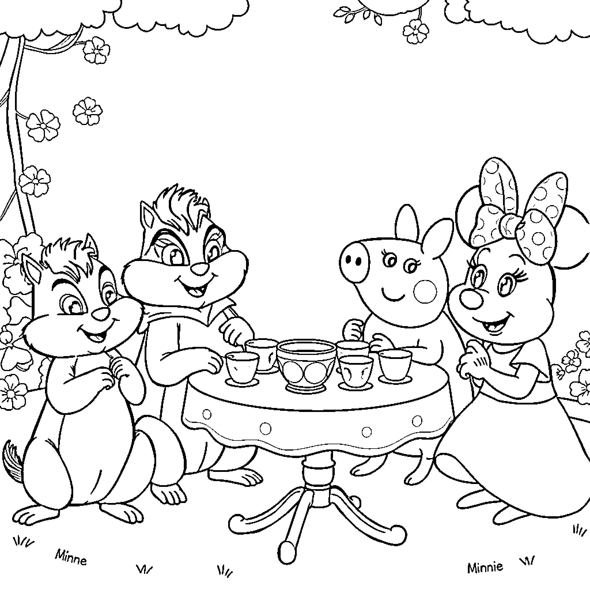 Chipmunk friends having a tea party in the garden Coloring Page (free black-and-white line drawing printable PDF for all, from beginners to advanced learners, including children, teens, adults, and seniors)