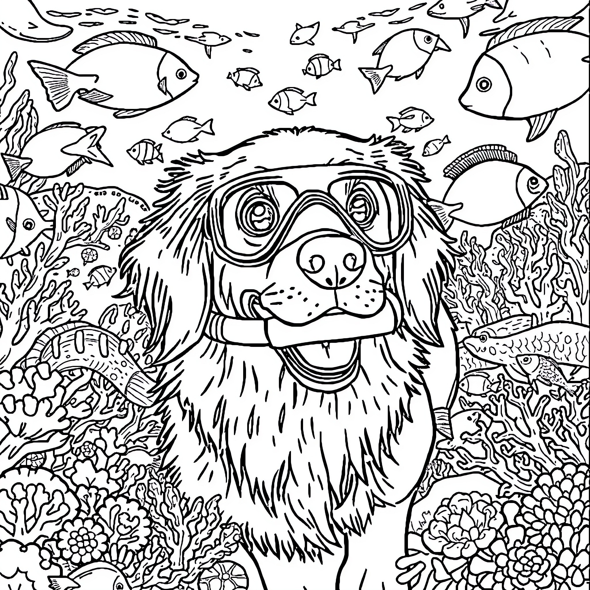Golden Retriever Underwater Adventure Coloring Page (free black-and-white line drawing printable PDF for all, from beginners to advanced learners, including children, teens, adults, and seniors)