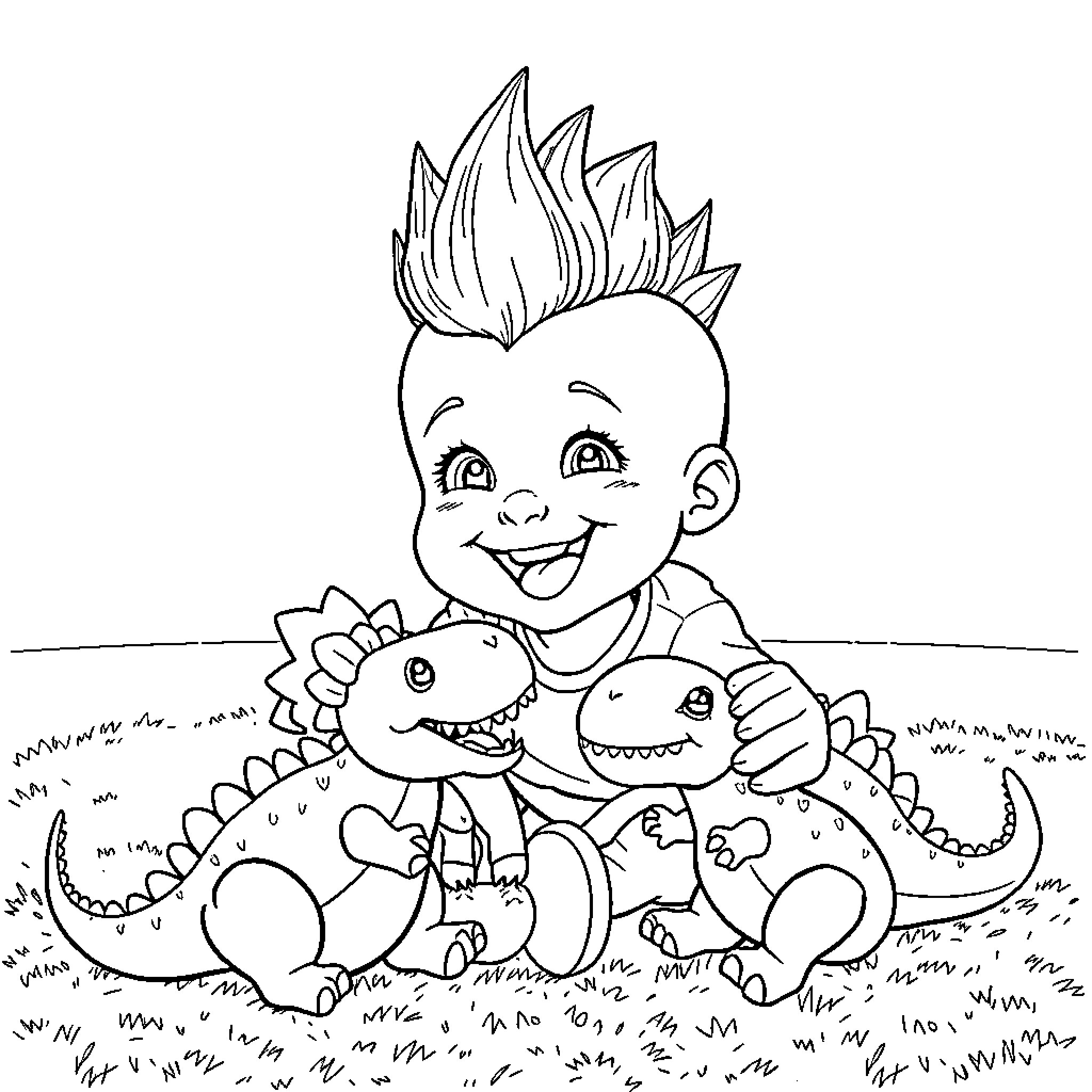 Boy playing happily with dinosaurs on the grass Coloring Page (free black-and-white line drawing printable PDF for all, from beginners to advanced learners, including children, teens, adults, and seniors)