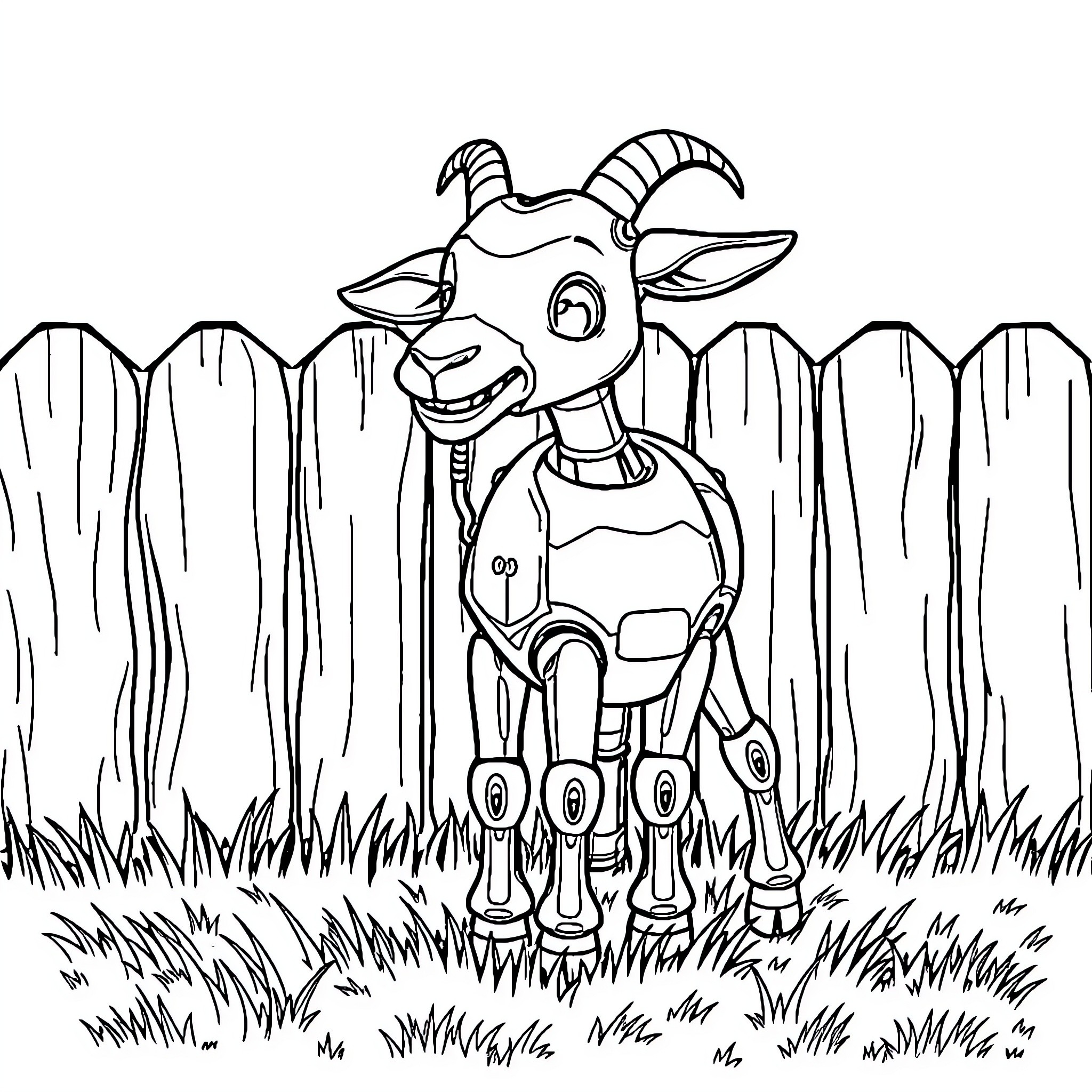 Robot Goat exploring a fenced field Coloring Page (free black-and-white line drawing printable PDF for all, from beginners to advanced learners, including children, teens, adults, and seniors)