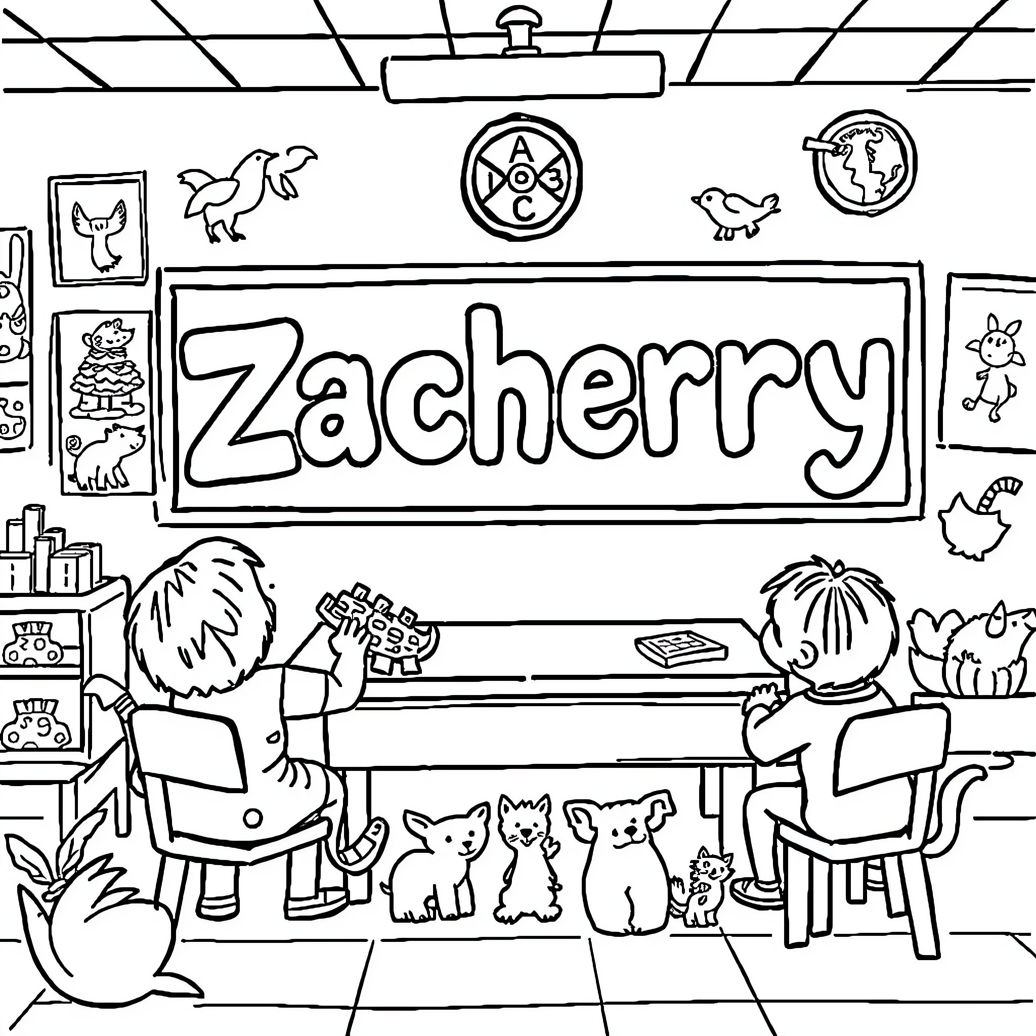 Zachery's fun art class with animals and friends Coloring Page (free black-and-white line drawing printable PDF for all, from beginners to advanced learners, including children, teens, adults, and seniors)