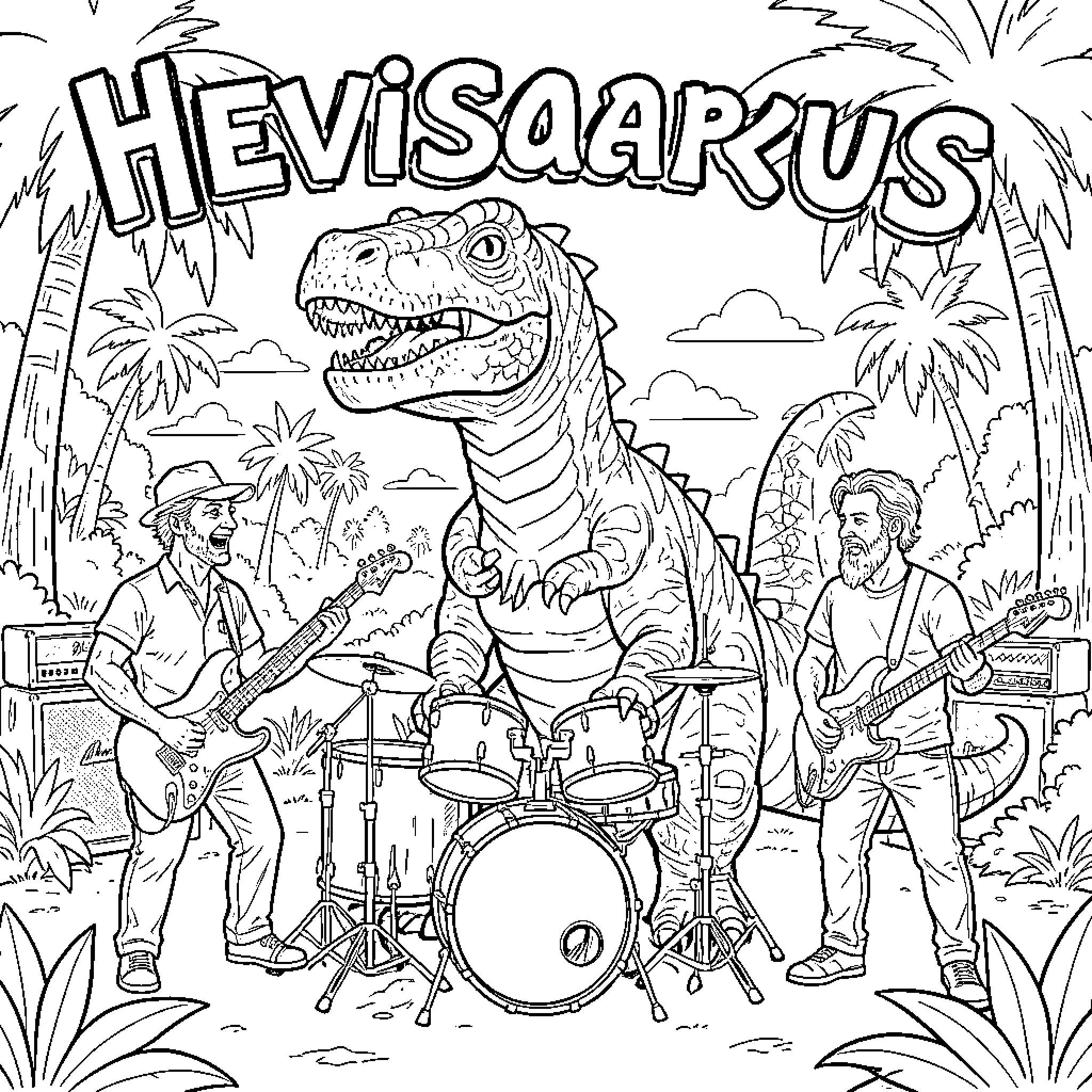 Hevisaurus performing music in tropical jungle scene Coloring Page (free black-and-white line drawing printable PDF for all, from beginners to advanced learners, including children, teens, adults, and seniors)