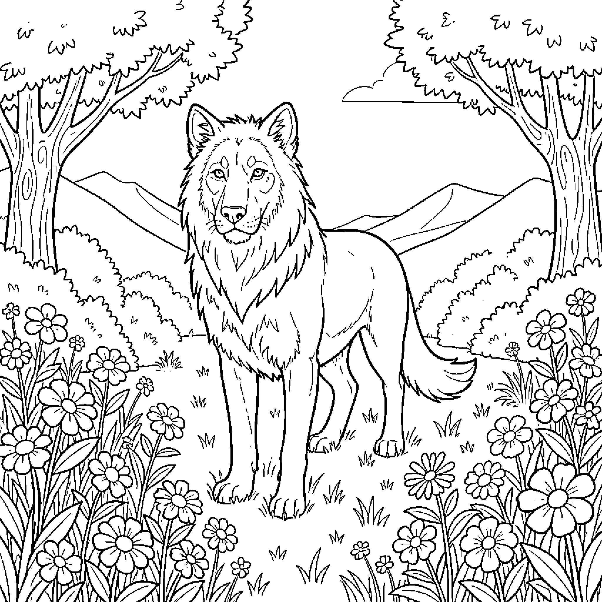 Wolf in a Serene Forest Landscape Coloring Page (free black-and-white line drawing printable PDF for all, from beginners to advanced learners, including children, teens, adults, and seniors)