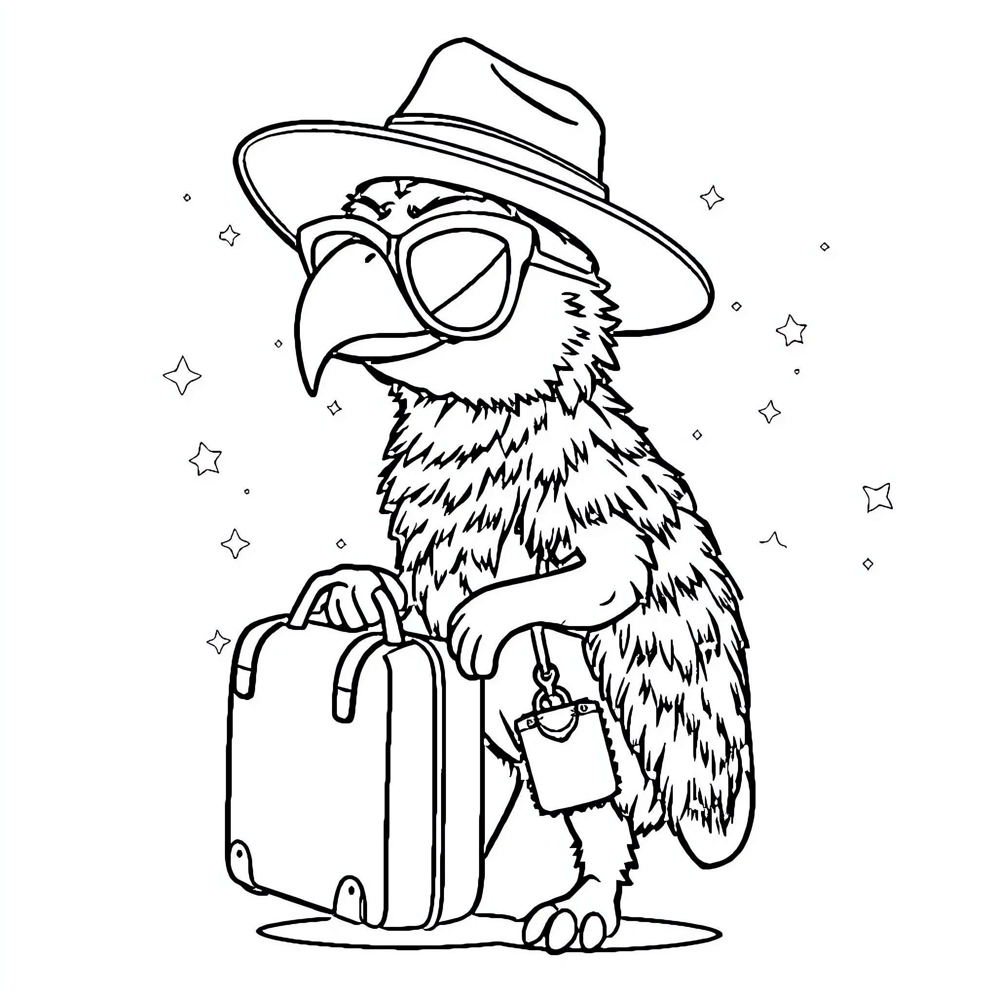 Chameleon adventurer ready for a journey Coloring Page (free black-and-white line drawing printable PDF for all, from beginners to advanced learners, including children, teens, adults, and seniors)